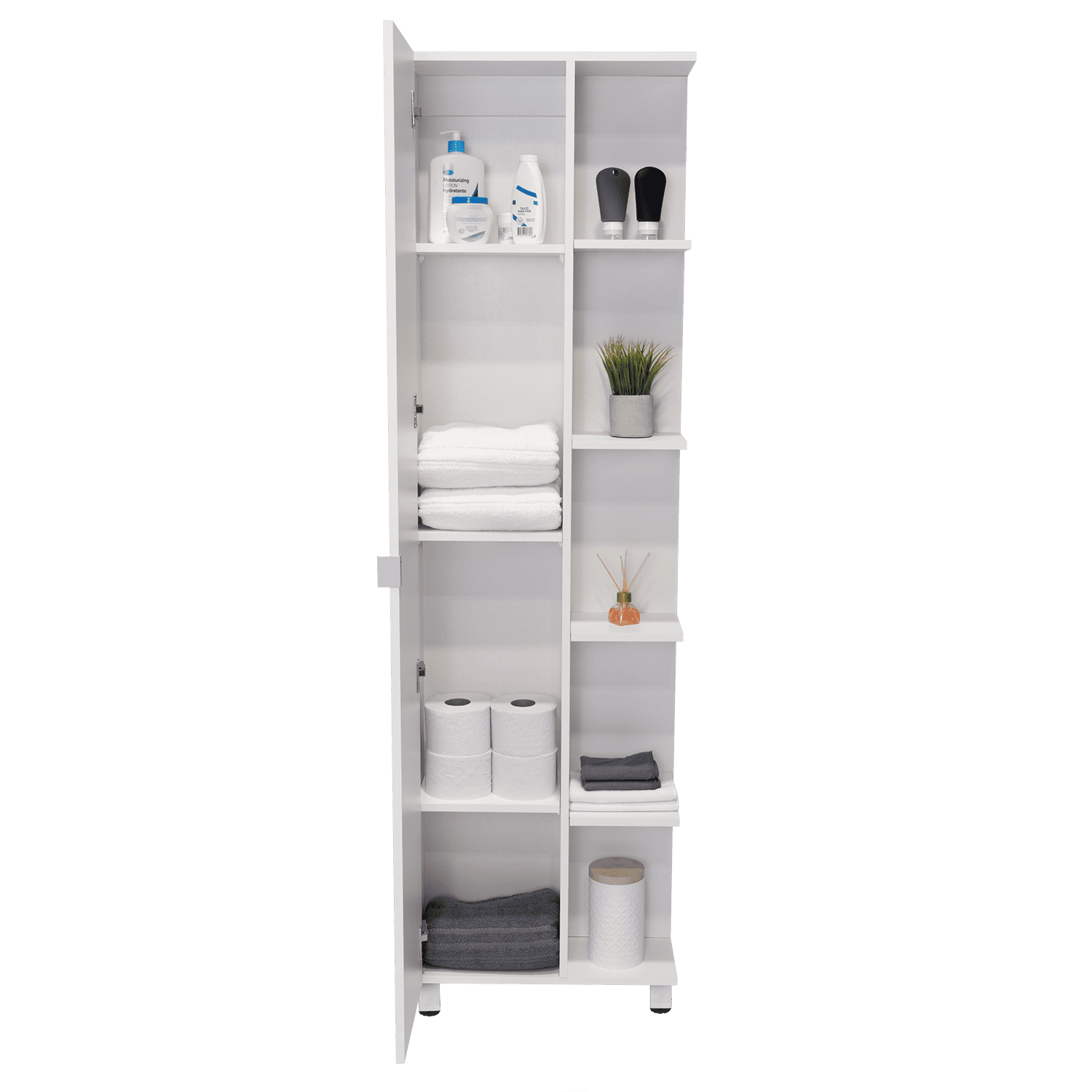 Corner Cabinet Womppi, Five Open Shelves, Single Door, White Finish