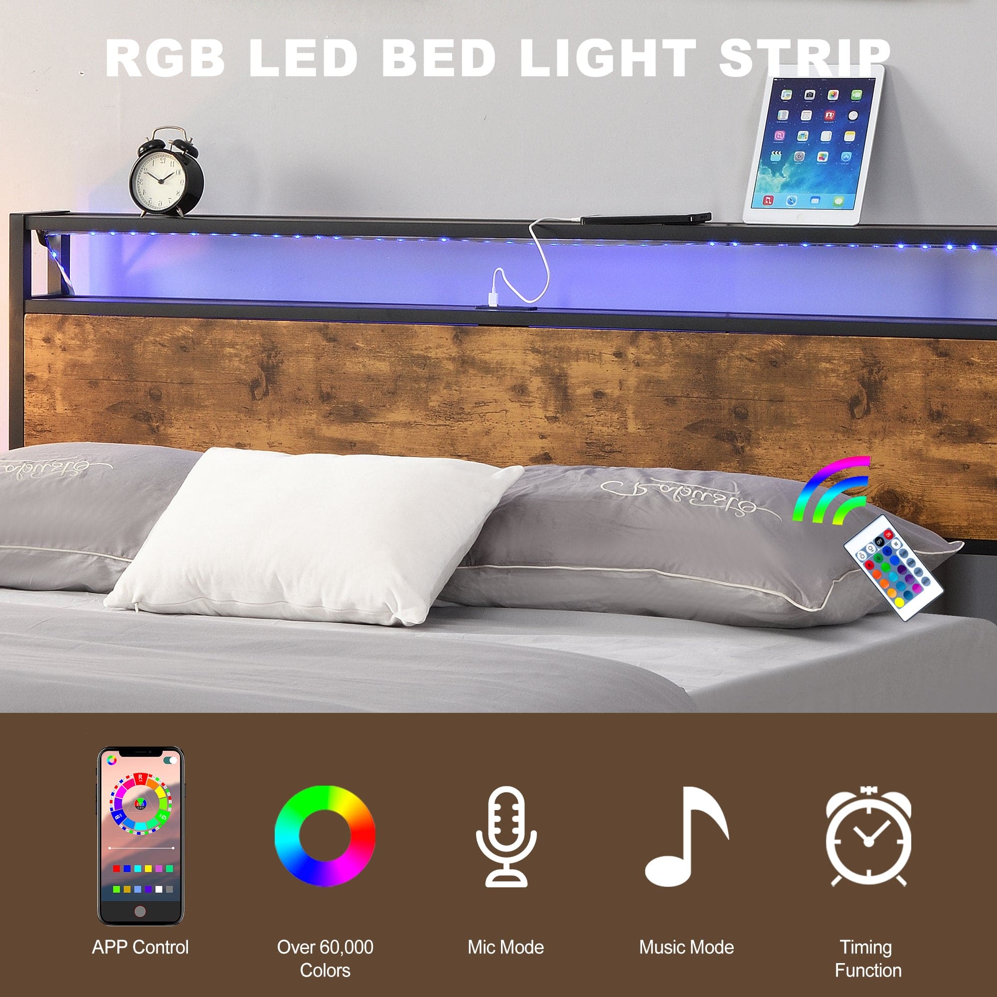 Industrial Full Bed Frame with LED Lights and 2 USB Ports, Bed Frame Full Size with Storage, Noise Free, No Box Spring Needed, Rustic Brown