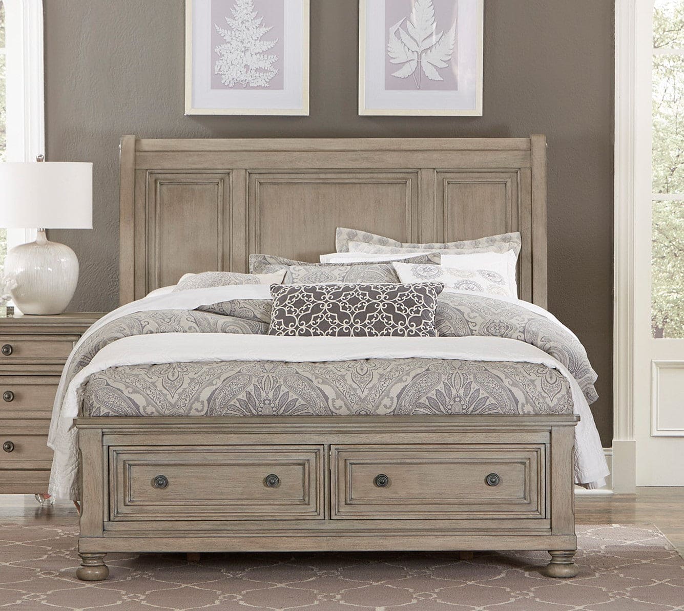 Classic Style Queen Size Sleigh Bed 1pc with Footboard Storage Drawers Wire Brushed Gray Finish Wooden Furniture