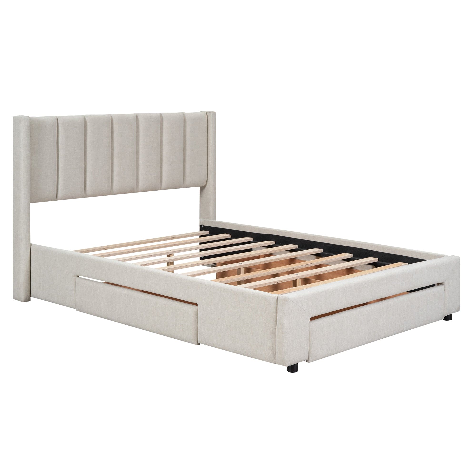 Full Size Upholstered Platform Bed with One Large Drawer in the Footboard and Drawer on Each Side,Beige