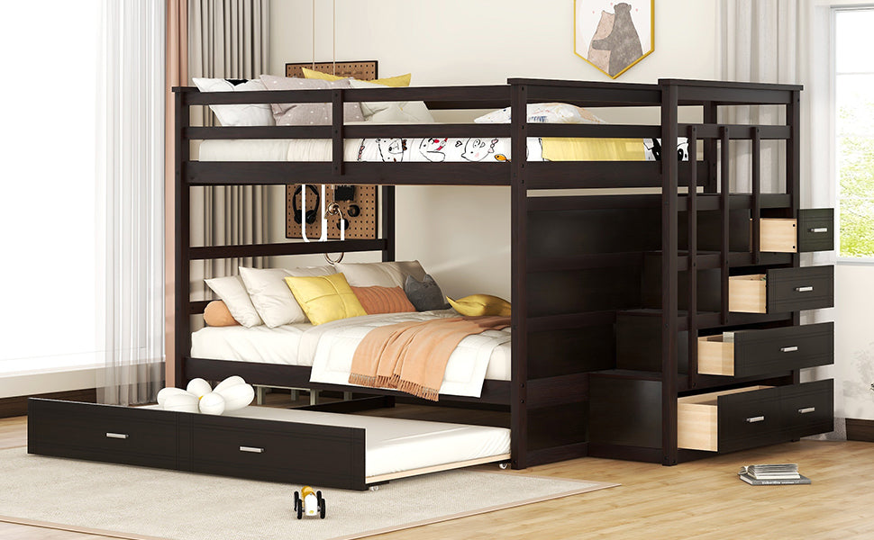 Full Over Full Bunk Bed with Twin Size Trundle and Staircase, Espresso