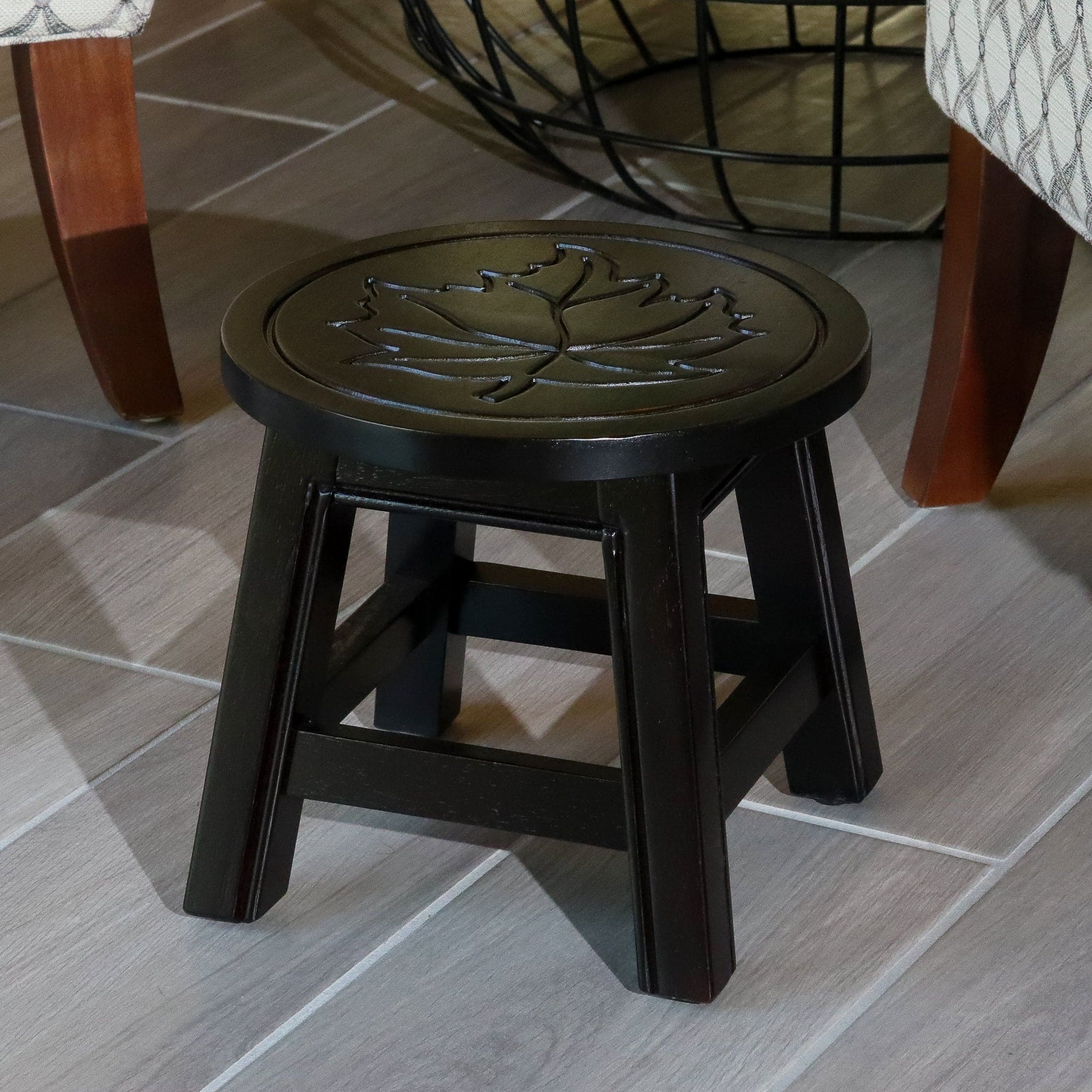 Carved Wooden Step Stool, Maple Leaf, Espresso