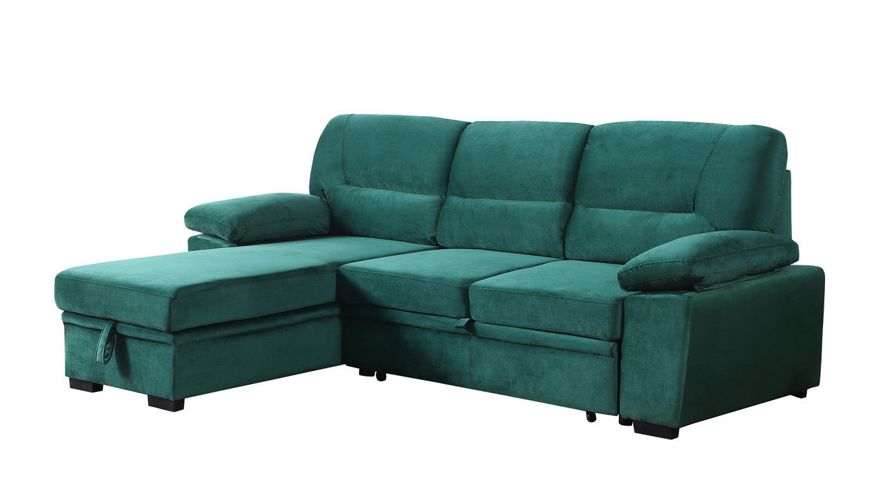 Kipling Green Velvet Fabric Reversible Sleeper Sectional Sofa Chaise