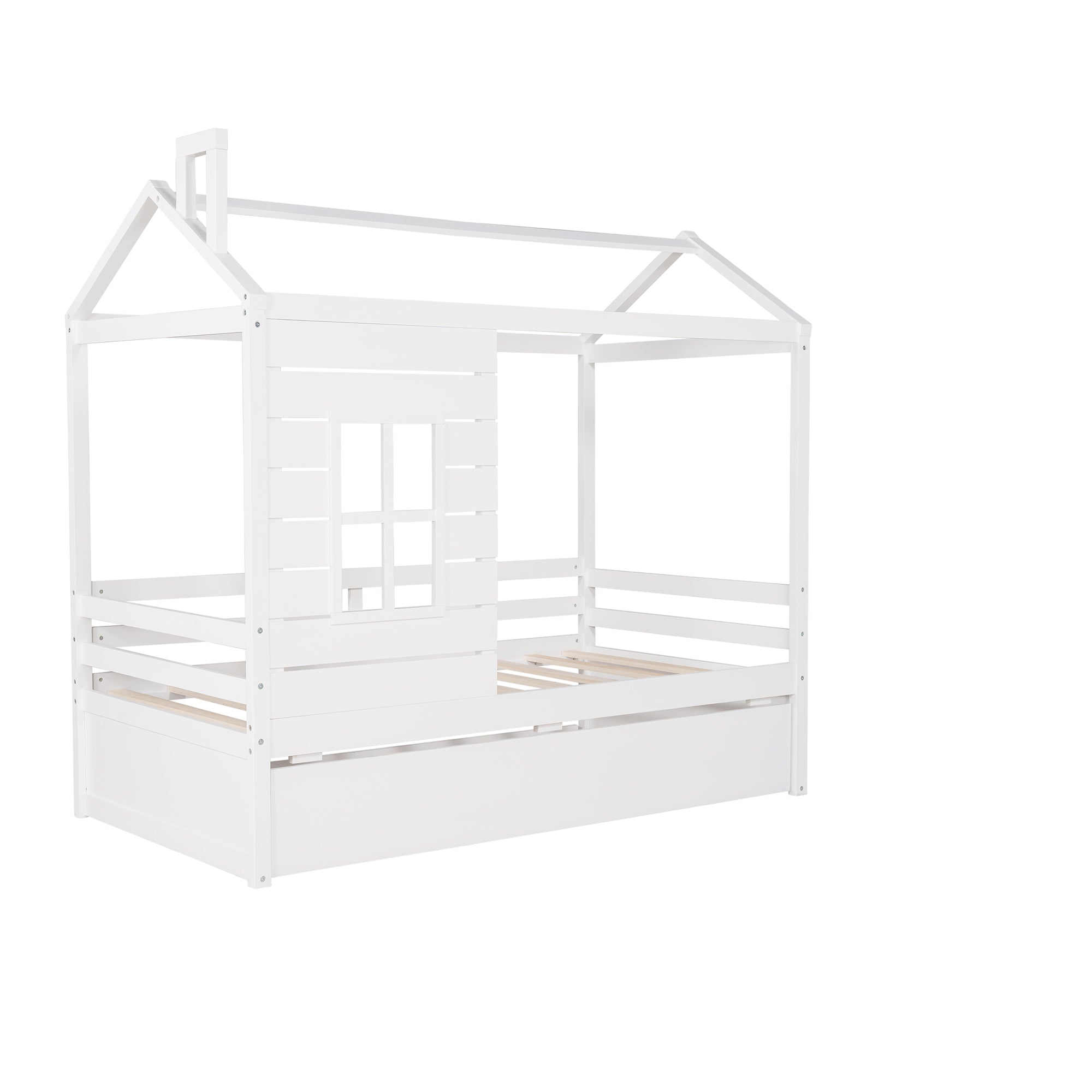 Twin Size House Bed Wood Bed with Twin Size Trundle ( White )