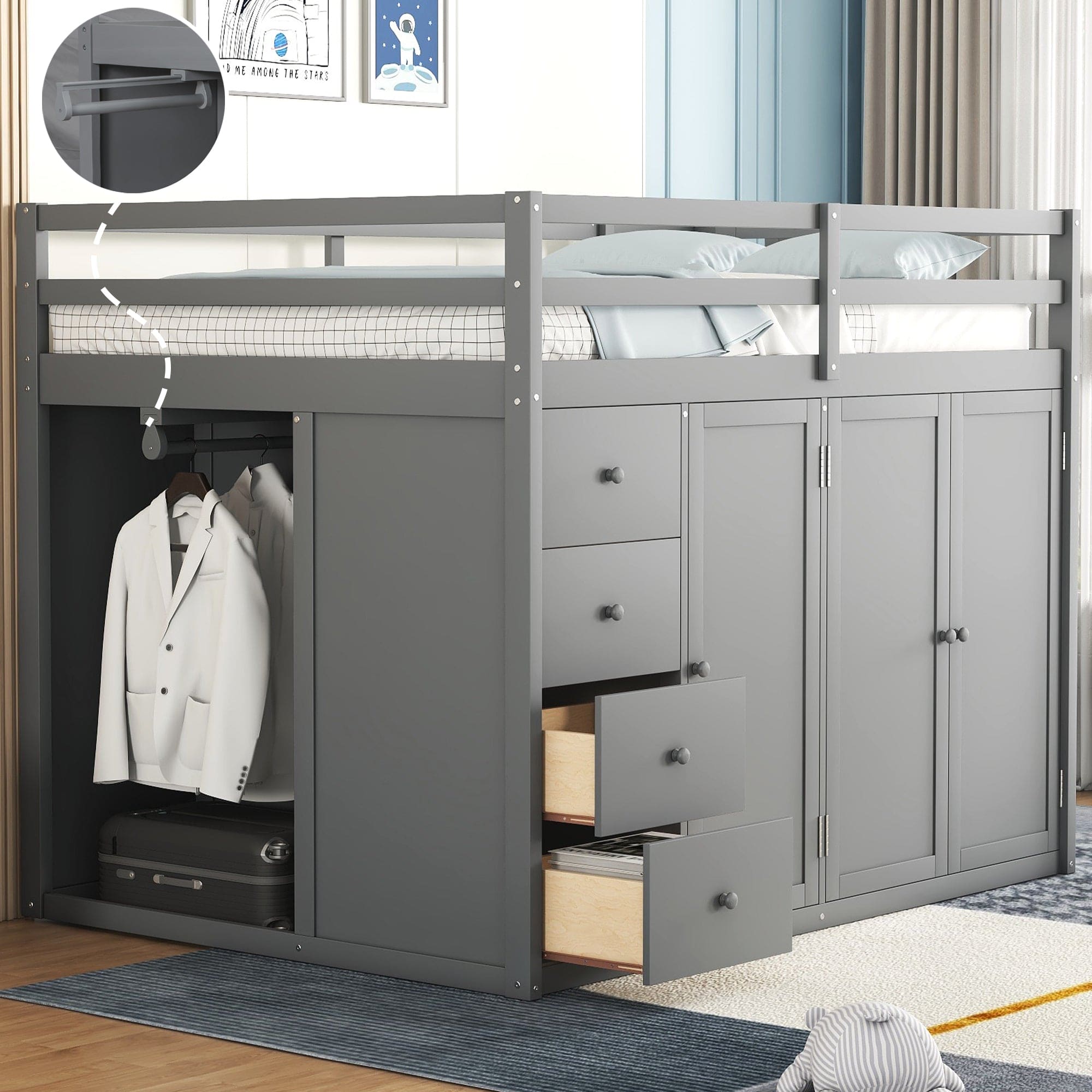 Full Size Wood Loft Bed With Built-in Wardrobes, Cabinets and Drawers, Gray