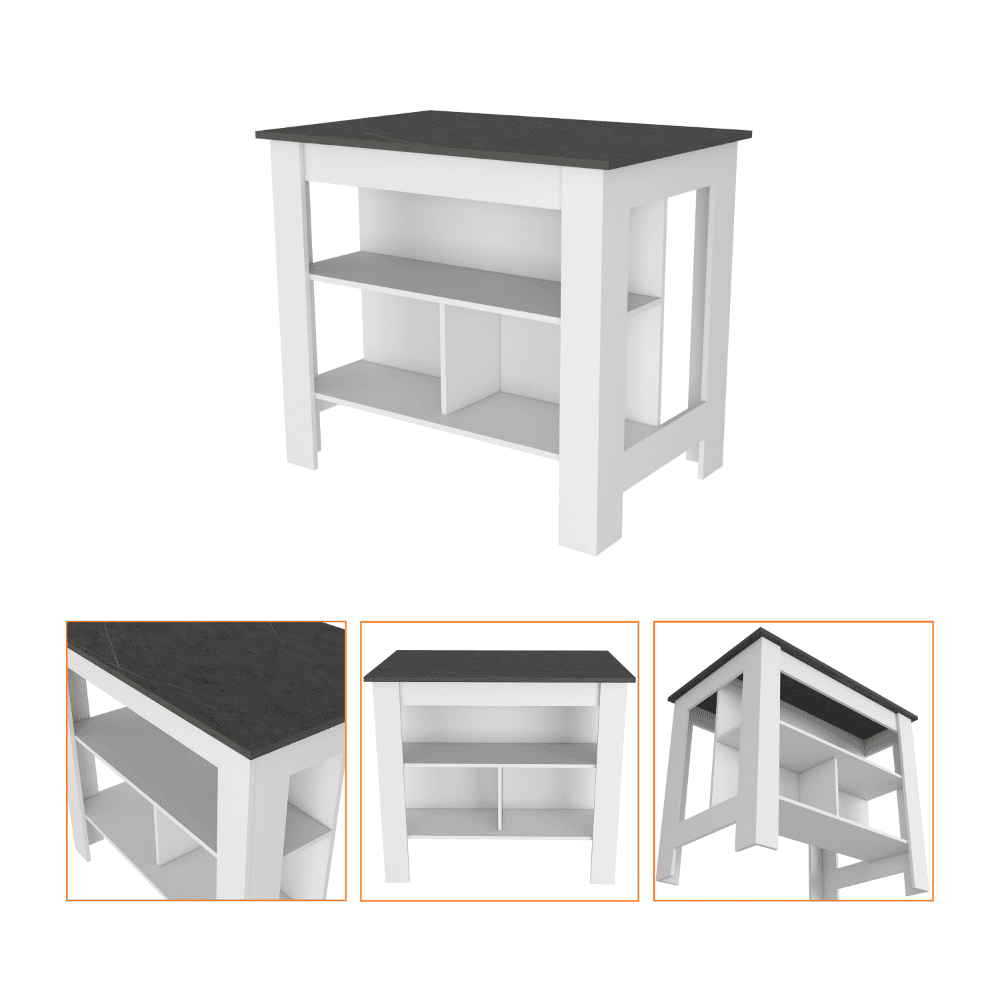 Stamford 2 Piece Kitchen Set, Delos Kitchen Island + Munich Lower Microwave Pantry Cabinet , White /Onyx