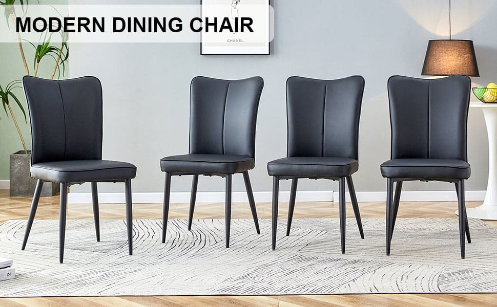 Modern minimalist dining chairs, black PU leather curved backrest and seat cushions, black metal chair legs, suitable for restaurants, bedrooms, and living rooms. A set of four chairs. 008