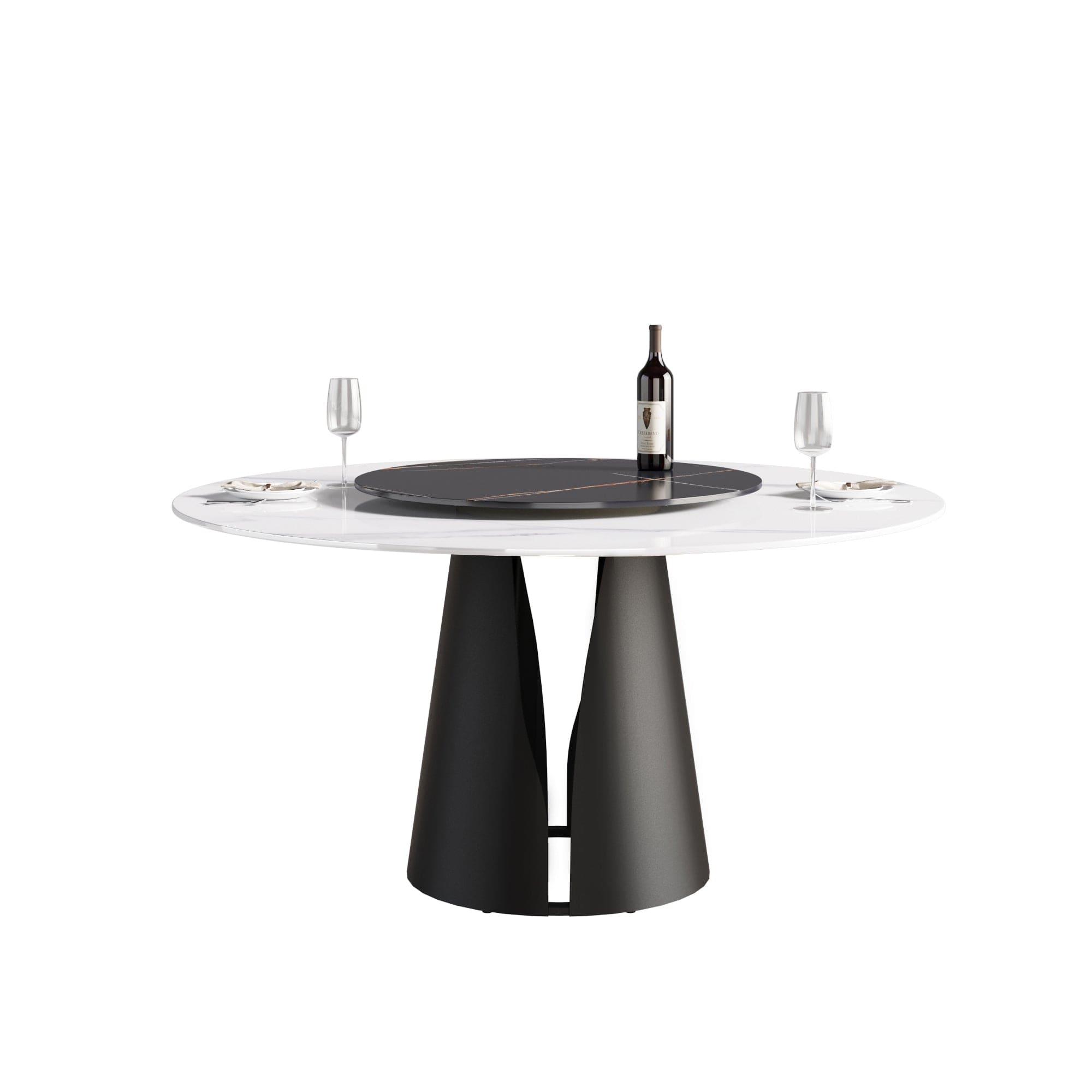 59.05"Modern artificial stone round black carbon steel base dining table-can accommodate 6 people-31.5"black artificial stone turntable