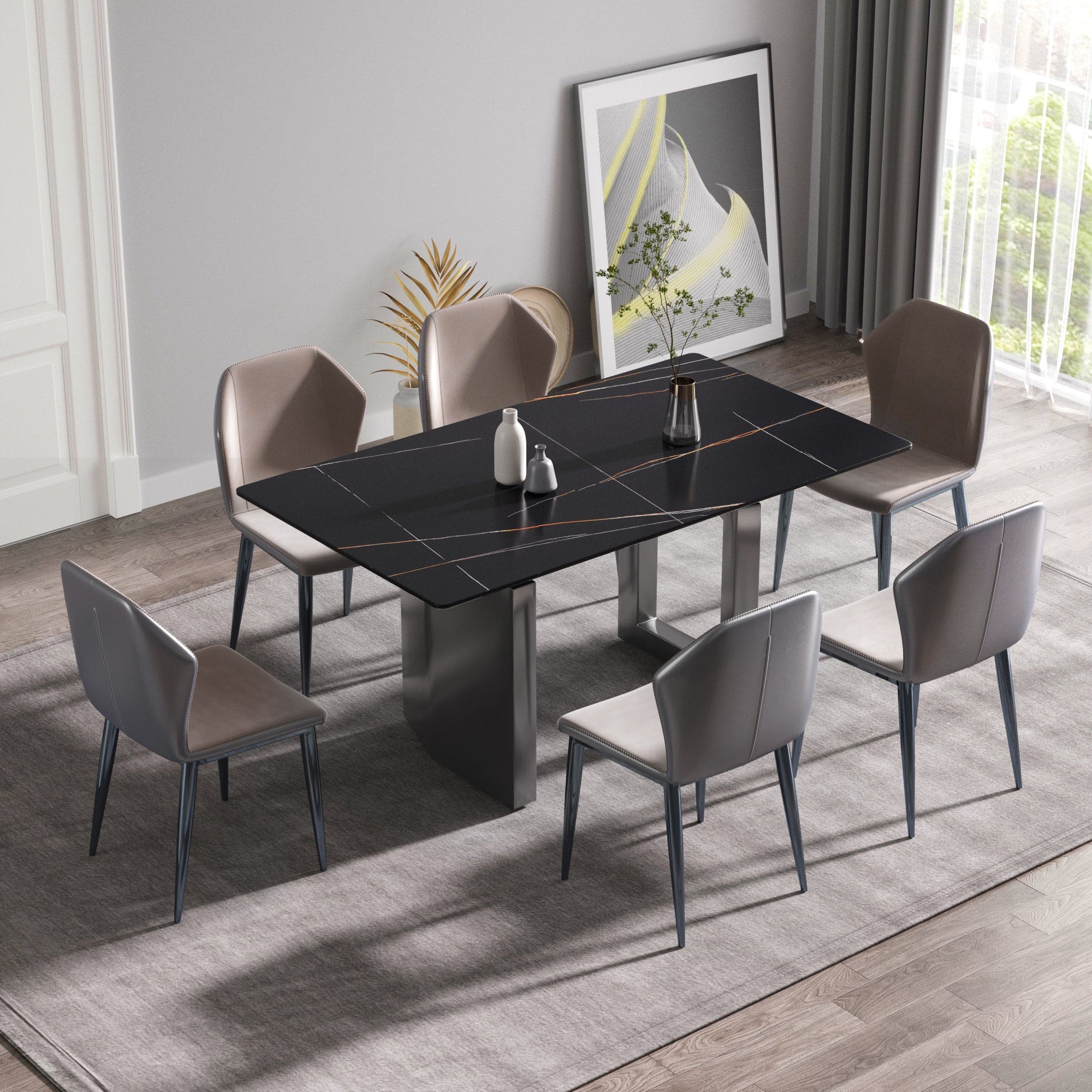 63"Modern artificial stone black straight edge black metal leg dining table -6 people