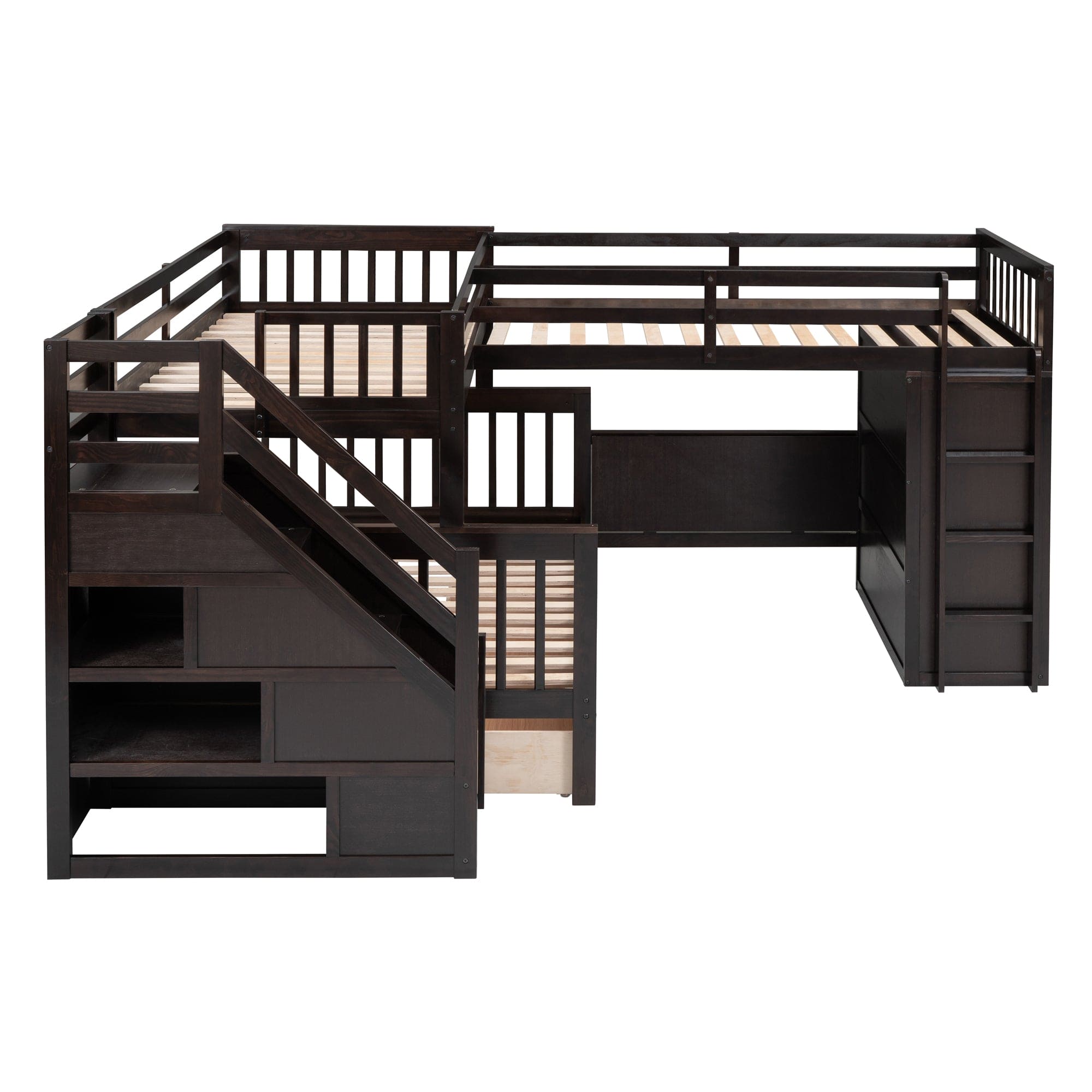 Twin-Twin over Full L-Shaped Bunk Bed With 3 Drawers, Portable Desk and Wardrobe, Espresso