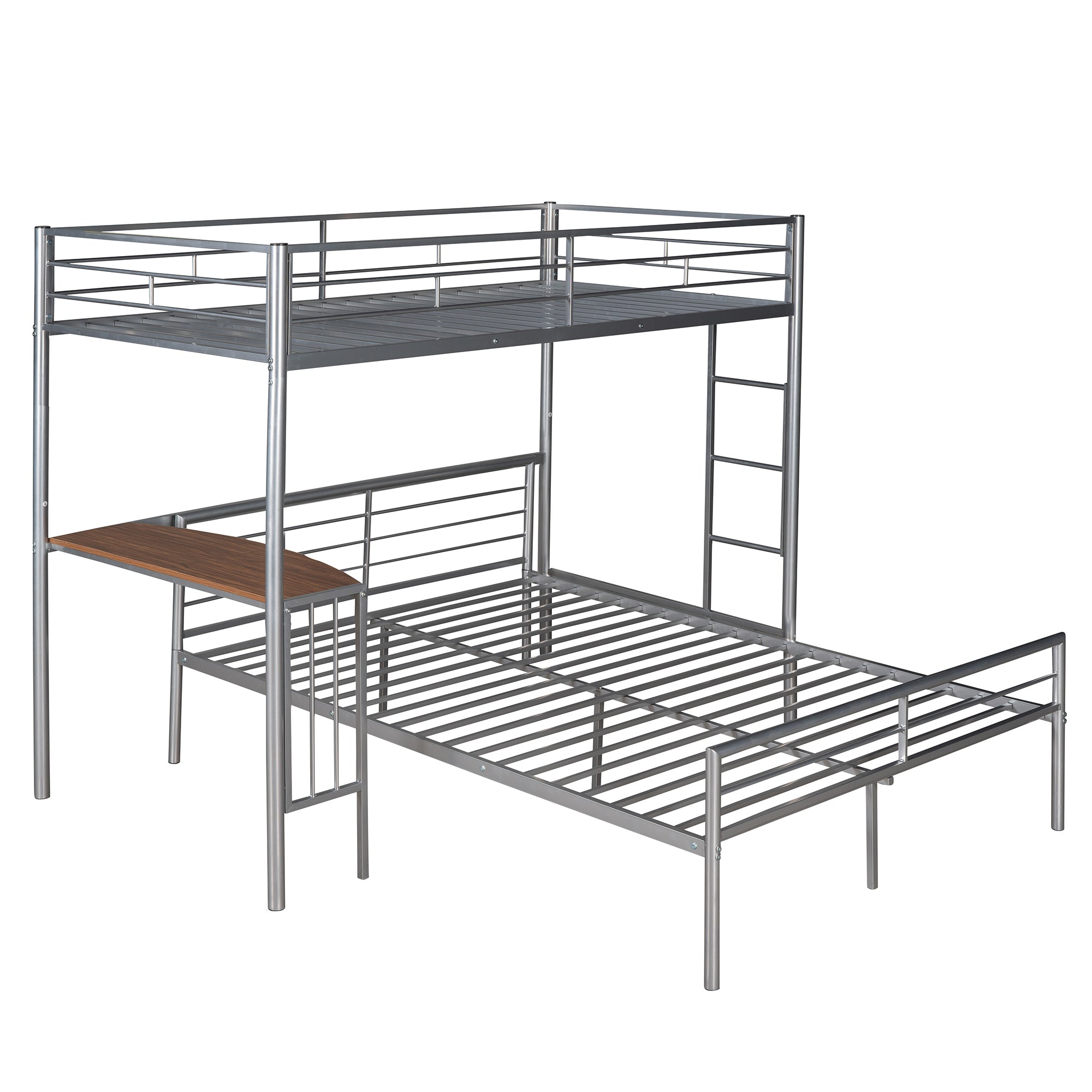 Twin Over Full Metal Bunk Bed with Desk, Ladder and Quality Slats for Bedroom, Metallic Silver（OLD SKU :LP000092AAN）