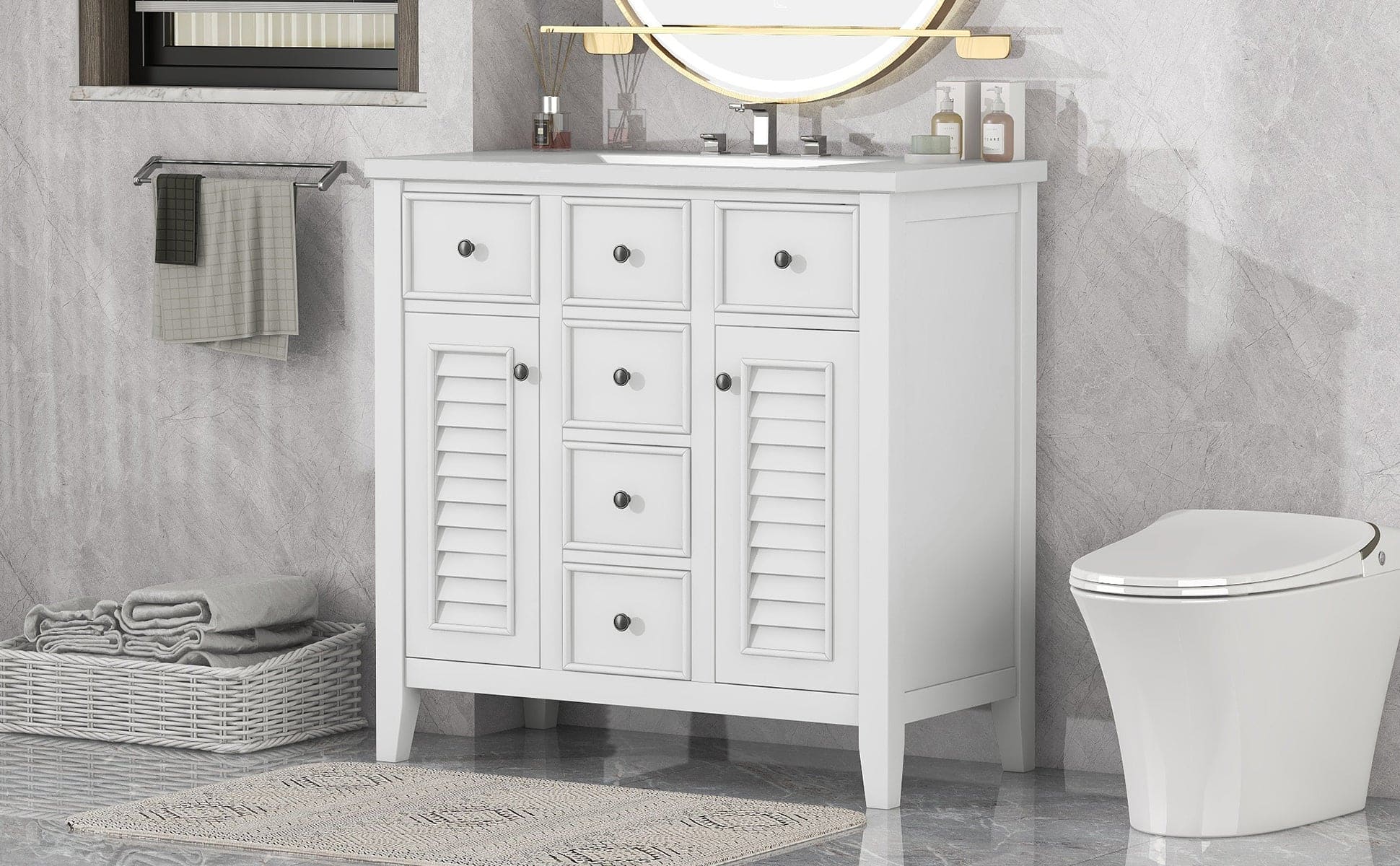 36" Bathroom Vanity with Ceramic Basin, Two Cabinets and Five Drawers, Solid Wood Frame, White (OLD SKU: SY999202AAK)