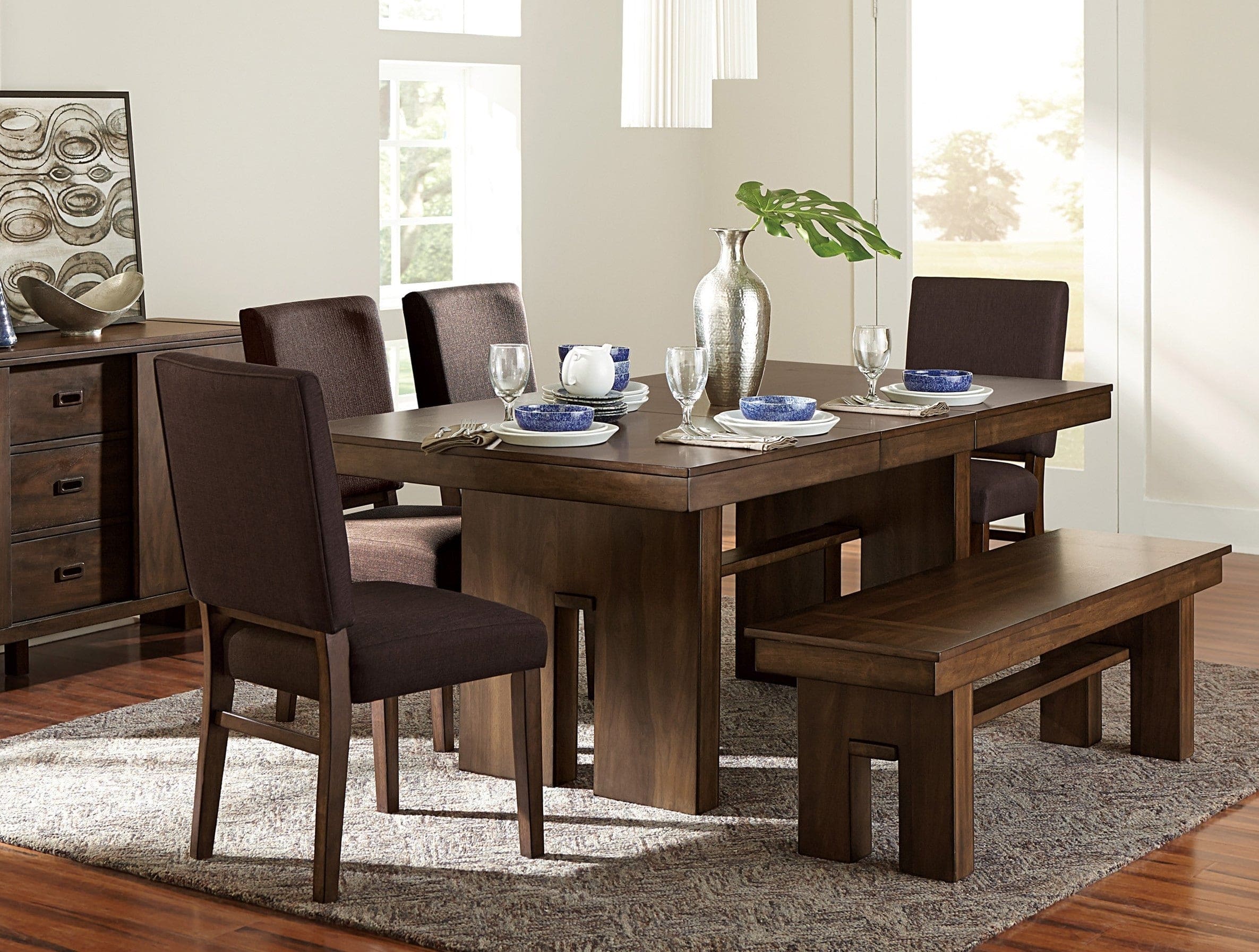 Contemporary Design Walnut Finish 1pc Dining Table With Self-Storing Leaf Wooden Furniture