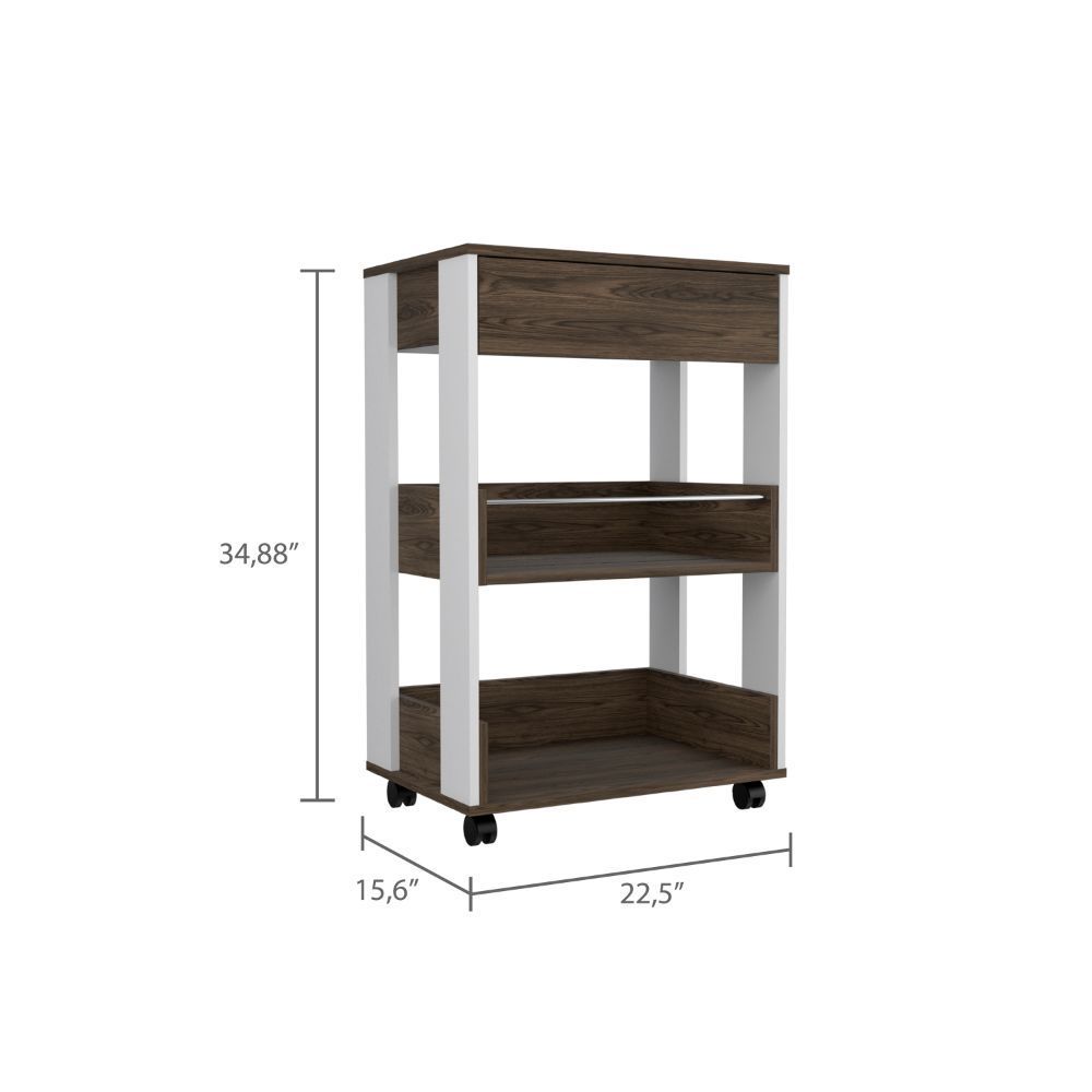 Verona Kitchen Cart, Three Shelves, Four Casters -White / Dark Walnut