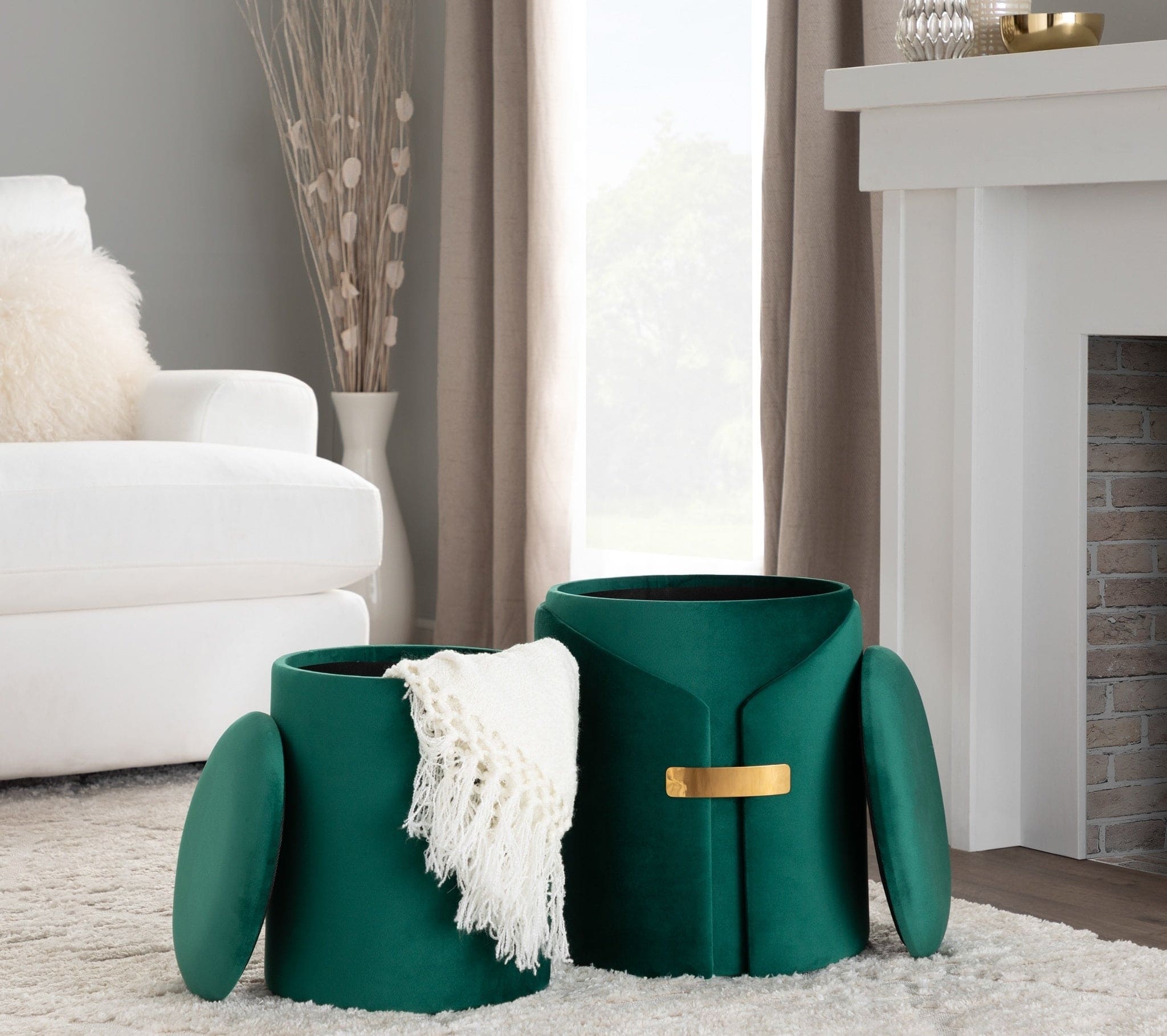 Dahlia Contemporary/Glam Nesting Ottoman Set in Green Velvet with Gold Metal Accent Pieces by LumiSource