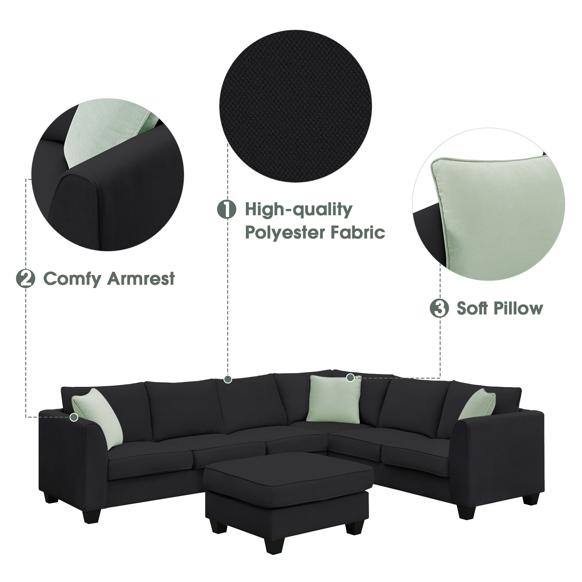 [VIDEO provided] 112*87" Sectional Sofa Couches Living Room Sets, 7 Seats Modular Sectional Sofa with Ottoman, L Shape Fabric Sofa Corner Couch Set with 3 Pillows, Black(New of GS008210AAB)