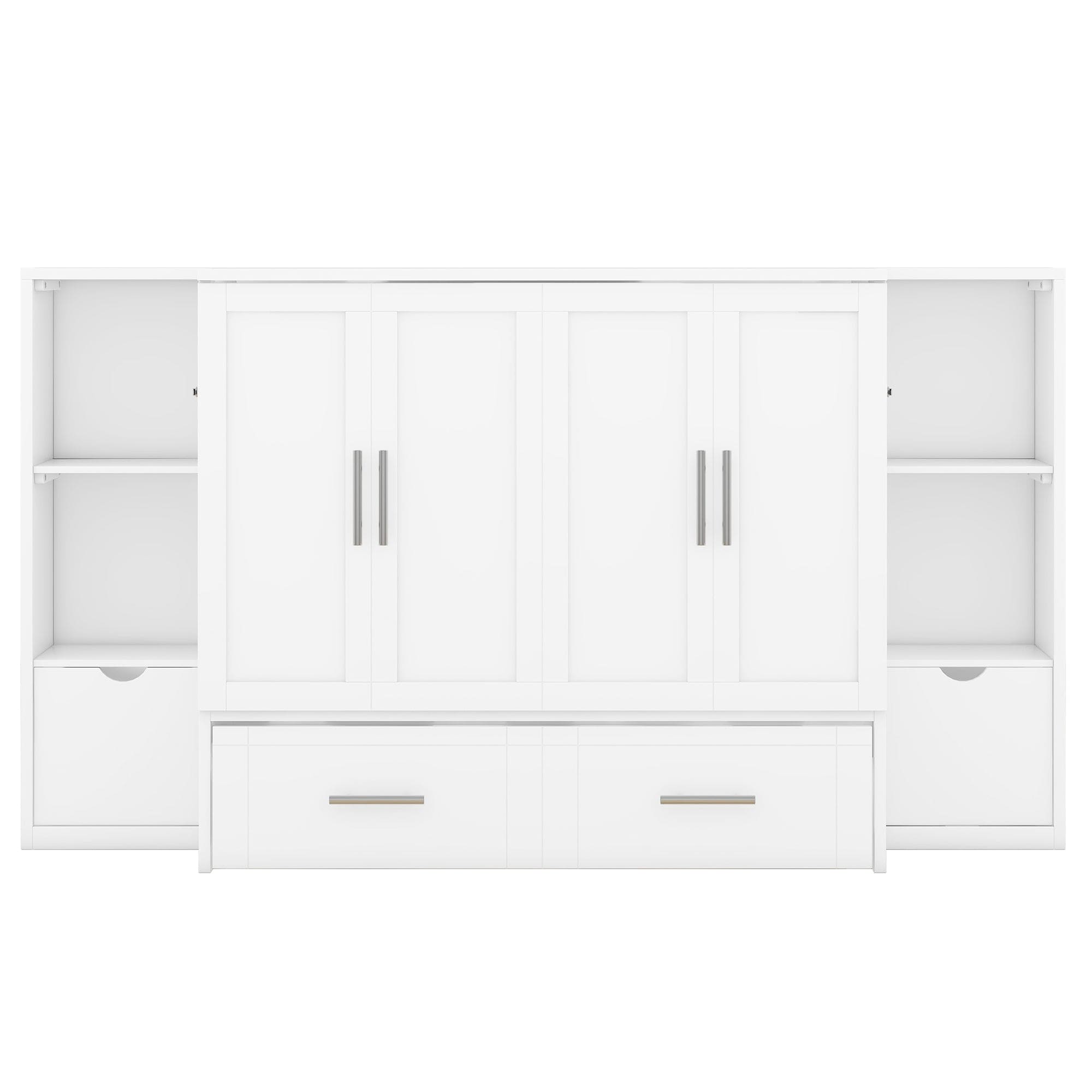 Queen Size Murphy Bed with Shelves, Drawers and USB Ports,White