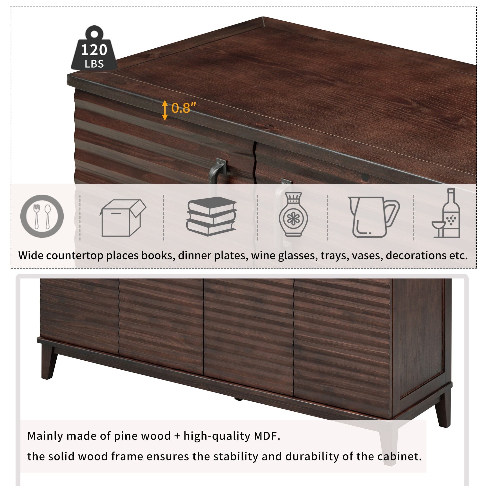 TREXM Sideboard with 4 Door Large Storage Buffet with Adjustable Shelves and Metal Handles for Kitchen, Living Room, Dining Room (Espresso)