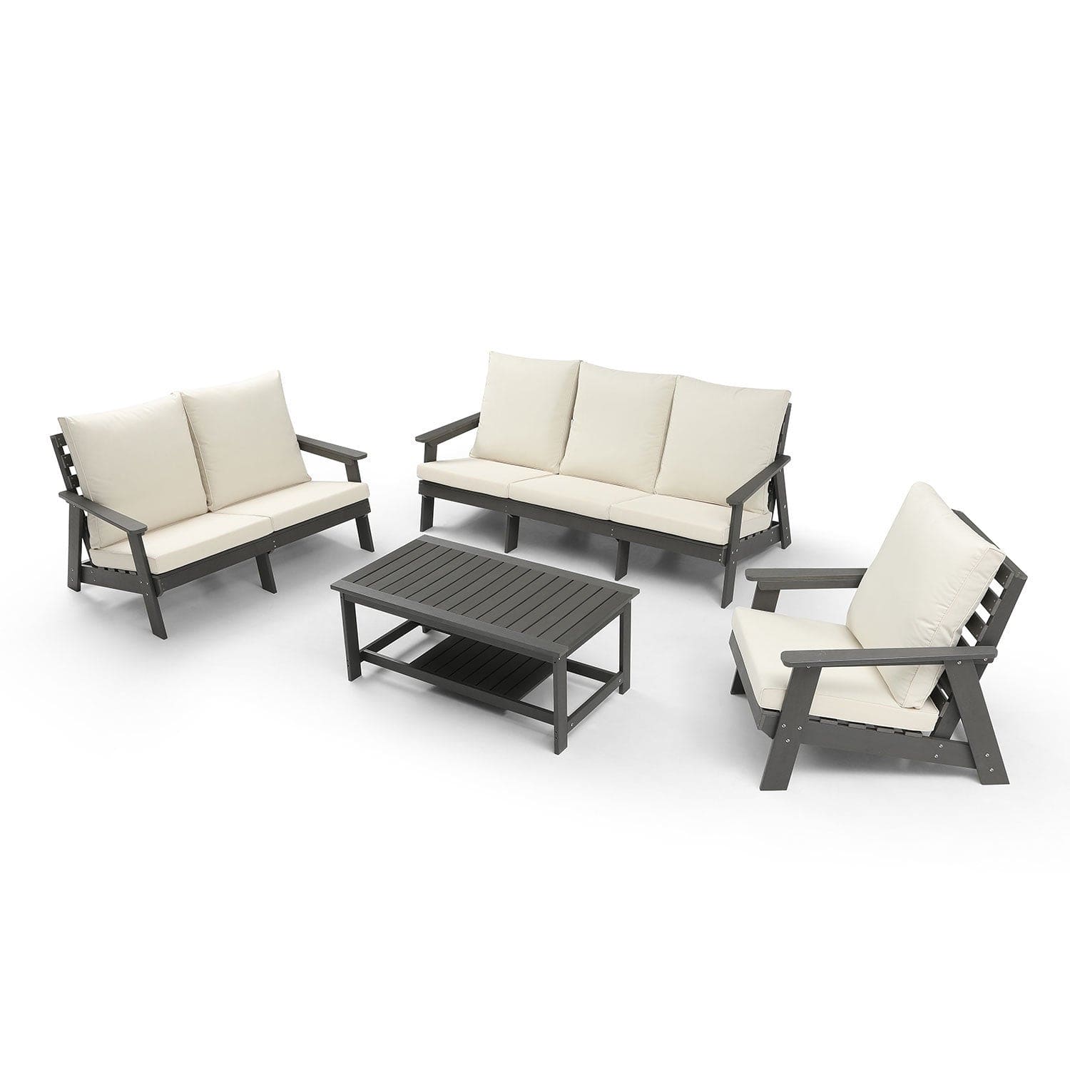 HIPS Loveseat with Cushion, Wood Grain Outdoor Garden Sofa, Grey/Beige