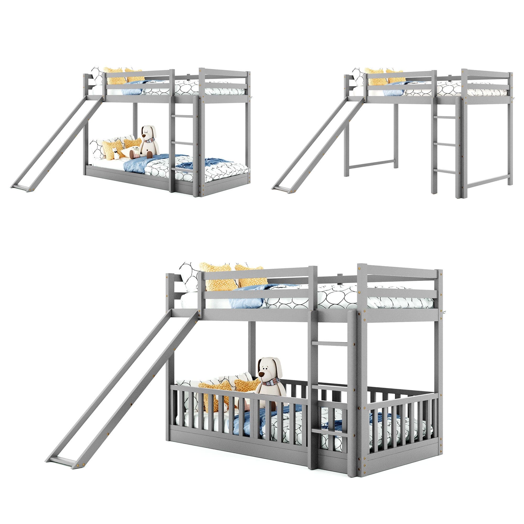 Twin Over Twin Bunk Bed with Slide and Ladder, Gray（Old SKU:LP000009AAE）