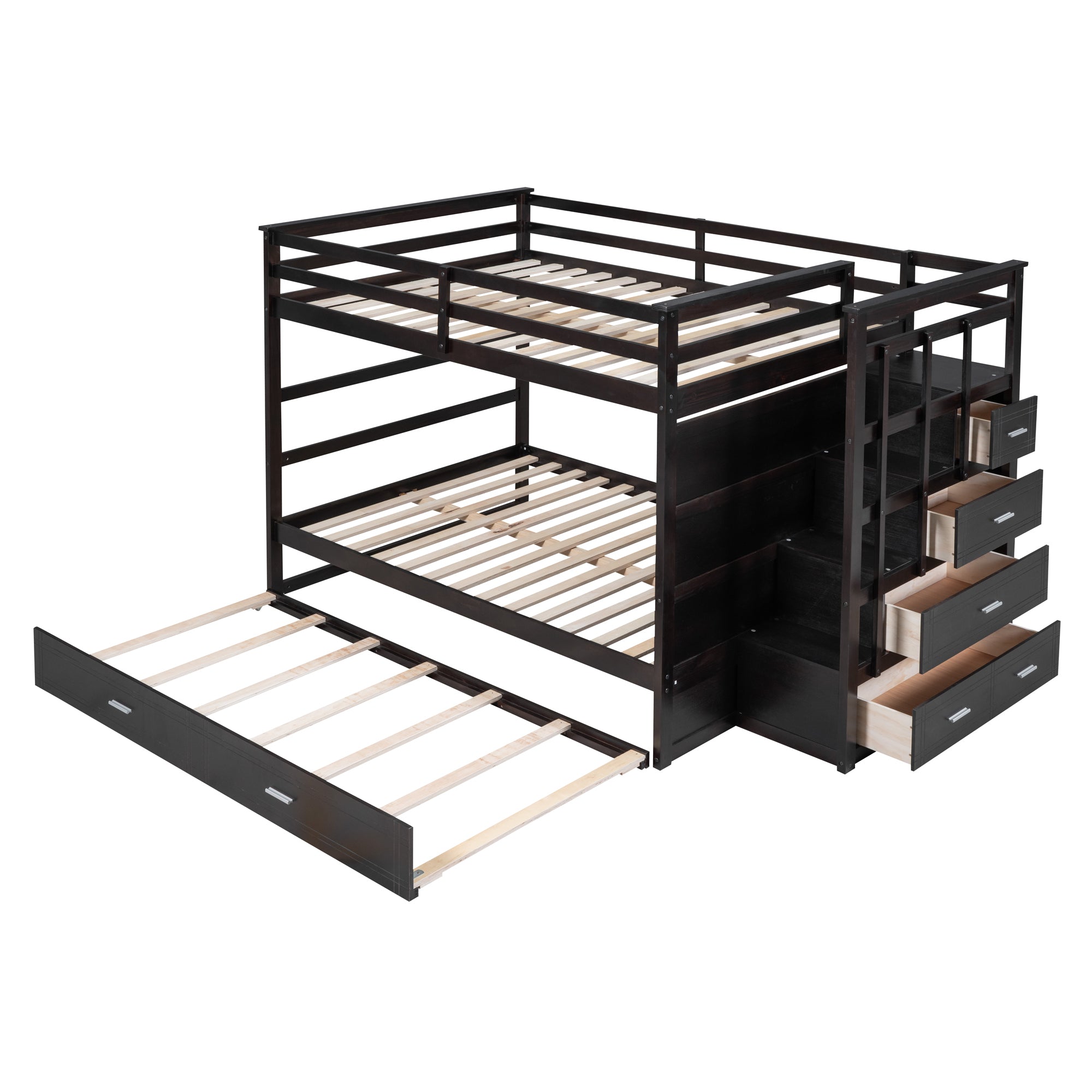 Full Over Full Bunk Bed with Twin Size Trundle and Staircase, Espresso