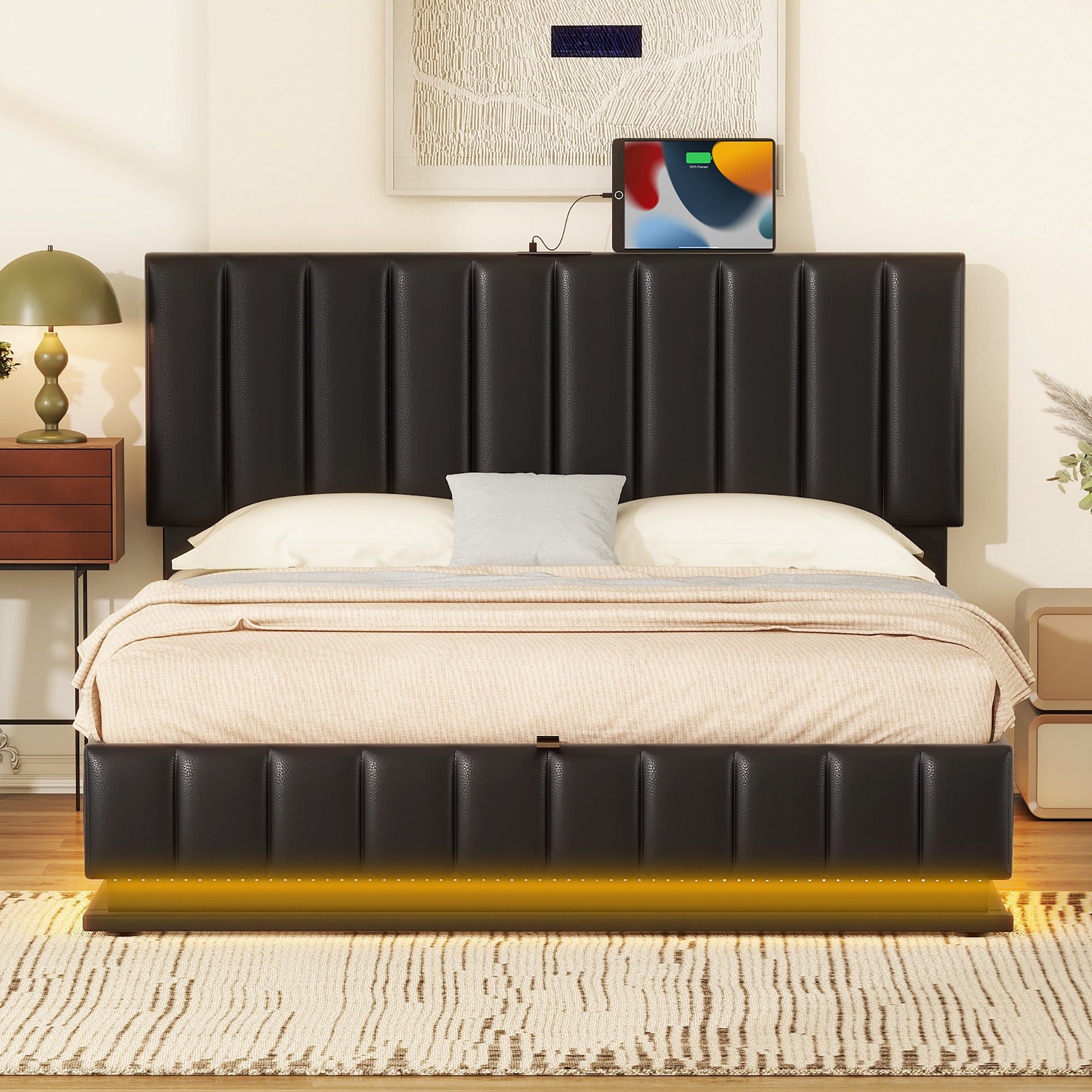 Queen Size Upholstered Bed with Hydraulic Storage System and LED Light, Modern Platform Bed with Sockets and USB Ports, Black