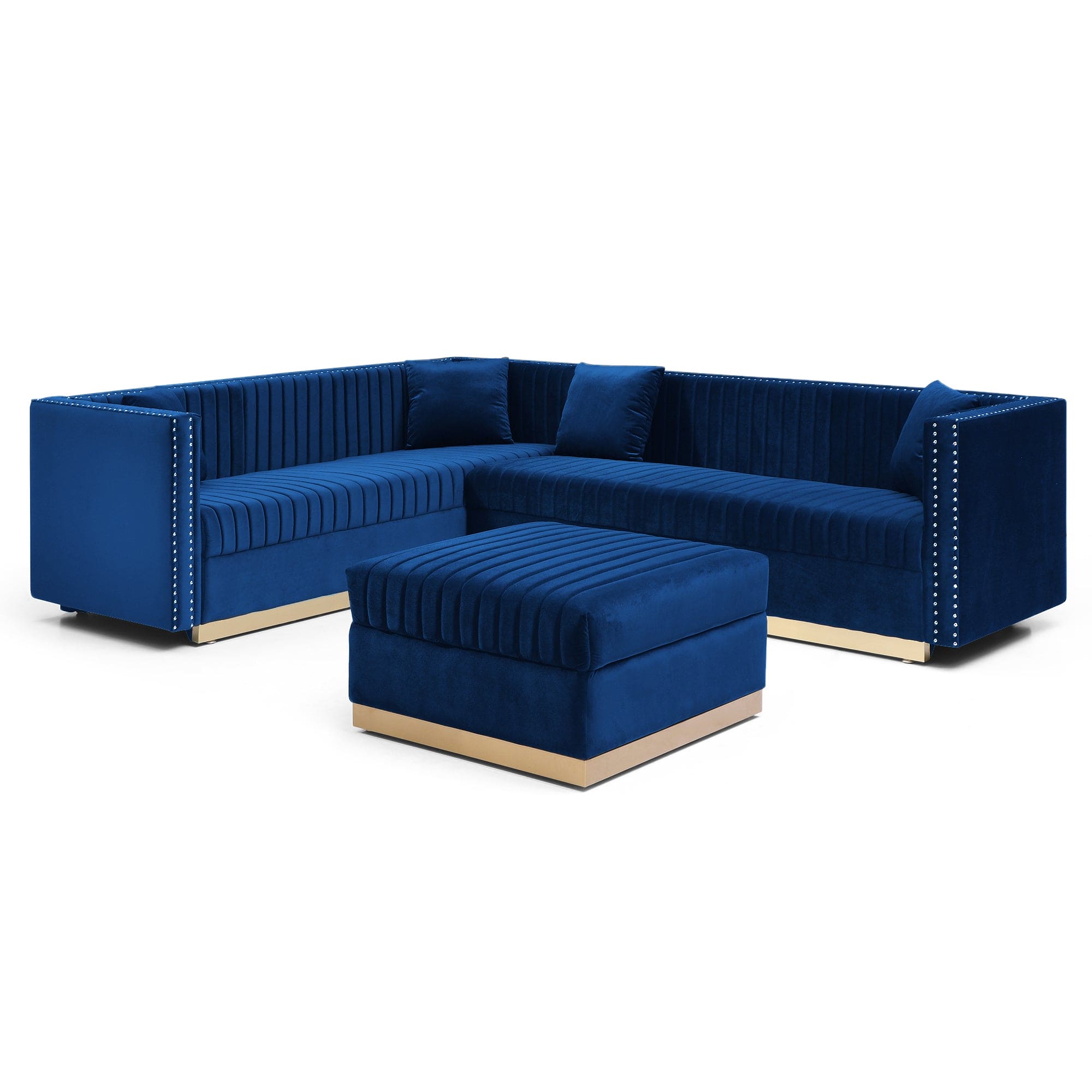 Contemporary Vertical Channel Tufted Velvet Big Size Ottoman Modern Upholstered Foot Rest for Living Room Apartment,Blue