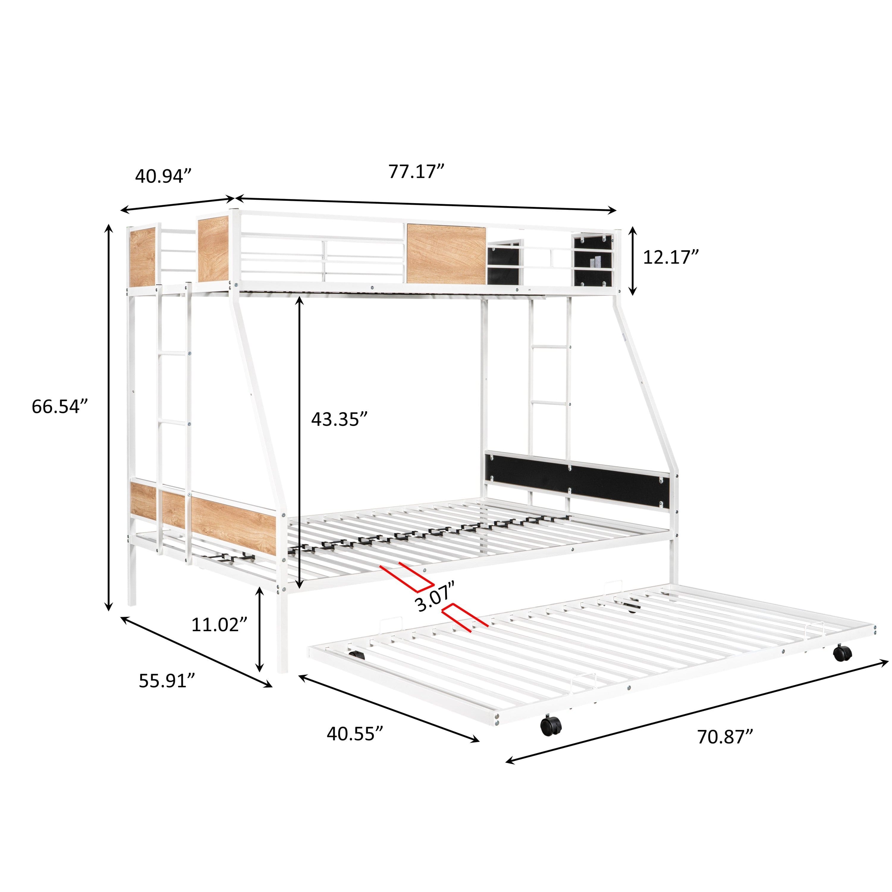 Metal Twin over Full Bunk Bed with Trundle/ Heavy-duty Sturdy Metal/ Noise Reduced/ Safety Guardrail/ Wooden Decoration/ Convenient Trundle / Bunk Bed for Three/ CPC Certified/ No Box Spring Needed