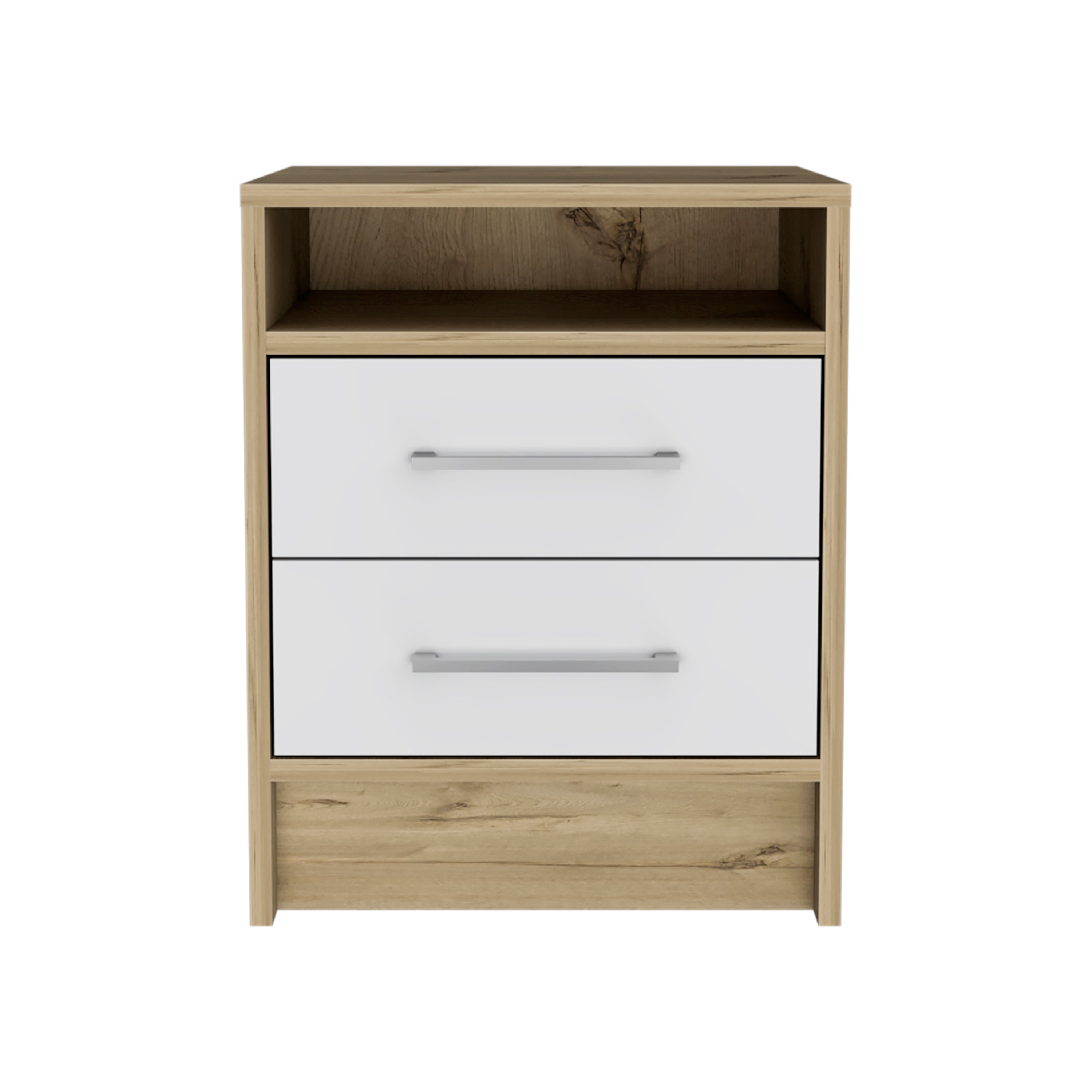 Nightstand Cartiz, Two Drawers, White / Light Oak Finish