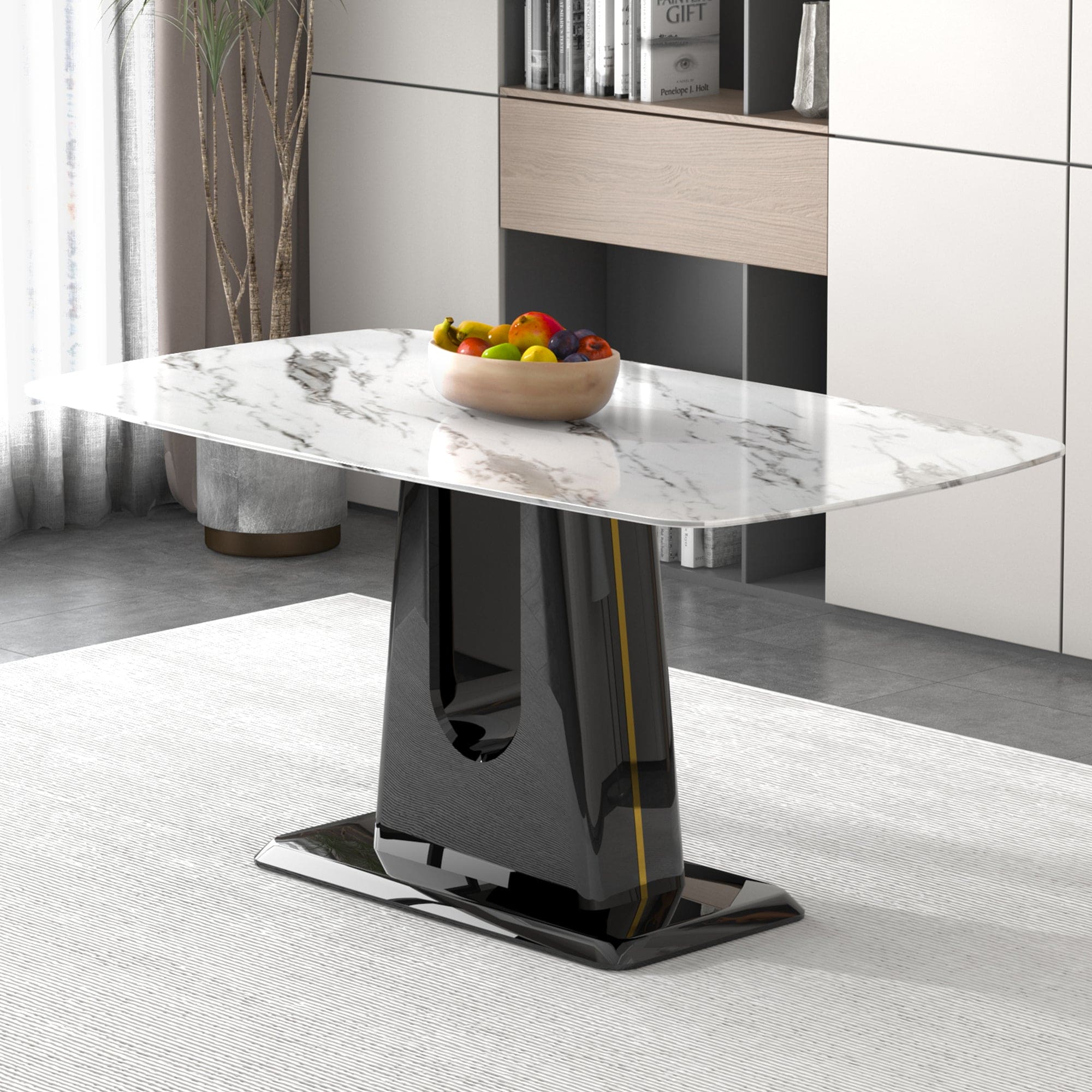 A modern, minimalist, and luxurious dining table with a white imitation marble tabletop and MDF legs with U-shaped brackets. Tables in restaurants and living rooms 63"*35.4"*30  F-U