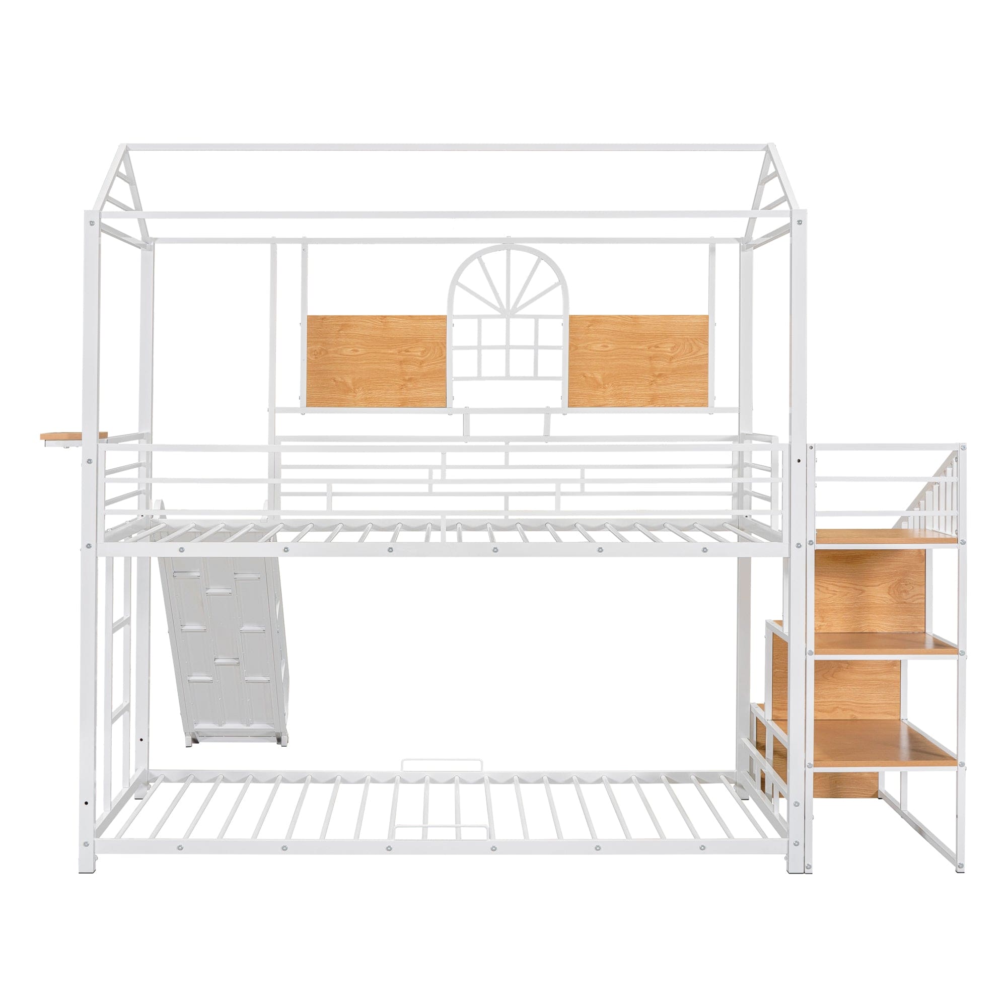 Twin Over Twin Metal Bunk Bed, Metal Housebed with Slide and Storage Stair, White with White Slide