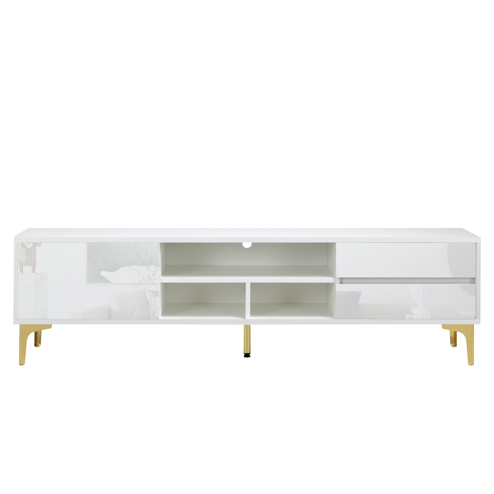 TV stand,TV Cabinet,entertainment center,TV console,media console,with LED remote control lights,UV bloom drawer panel,gold metal table legs, can be placed in the living room, bedroom, color: white