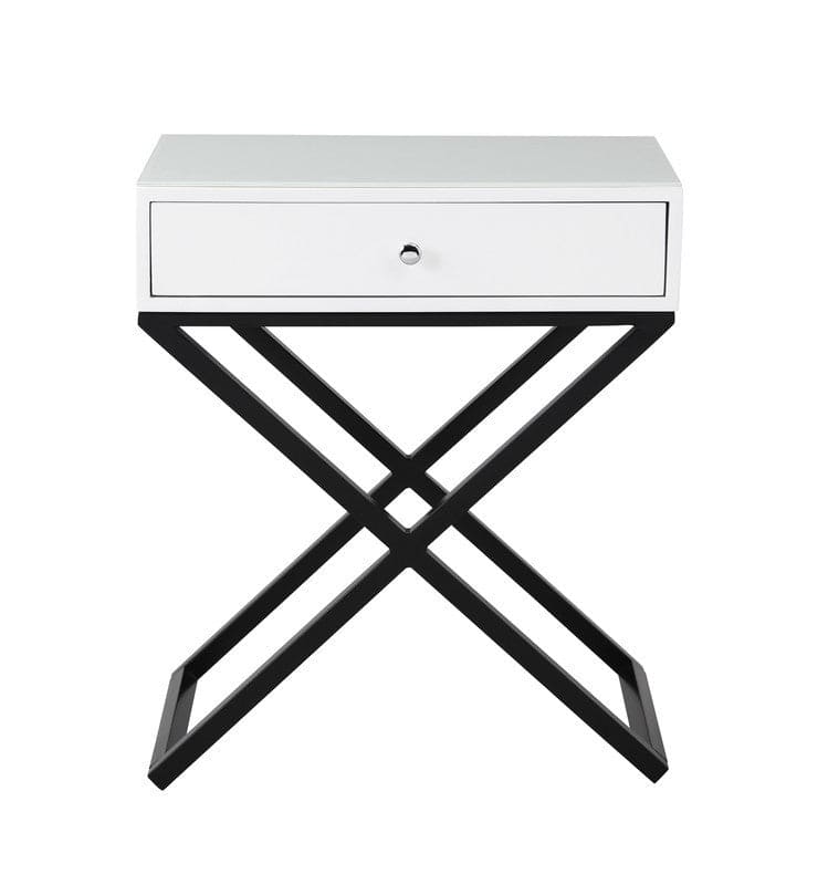 Koda White Wooden End Side Table Nightstand with Glass Top, Drawer and Metal Cross Base