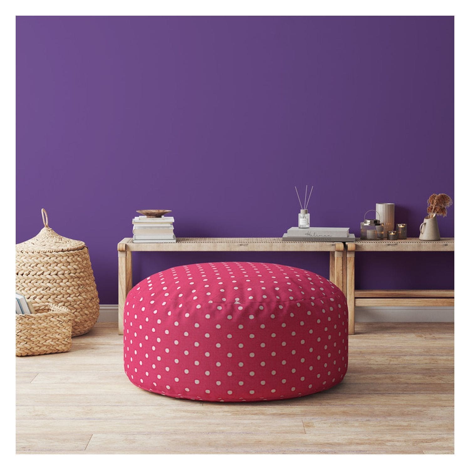 Indoor DINER DOT Hot Pink/White Round Zipper Pouf - Stuffed - Extra Beads Included! - 24in dia x 20in tall