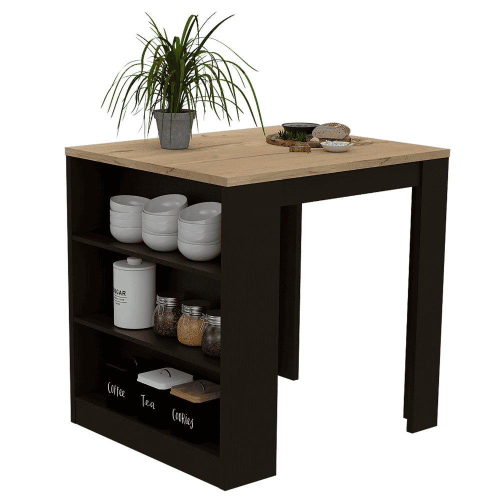 Tanna Kitchen Counter Dining Table ,Two Legs, Three Side Shelves -Black / Pine