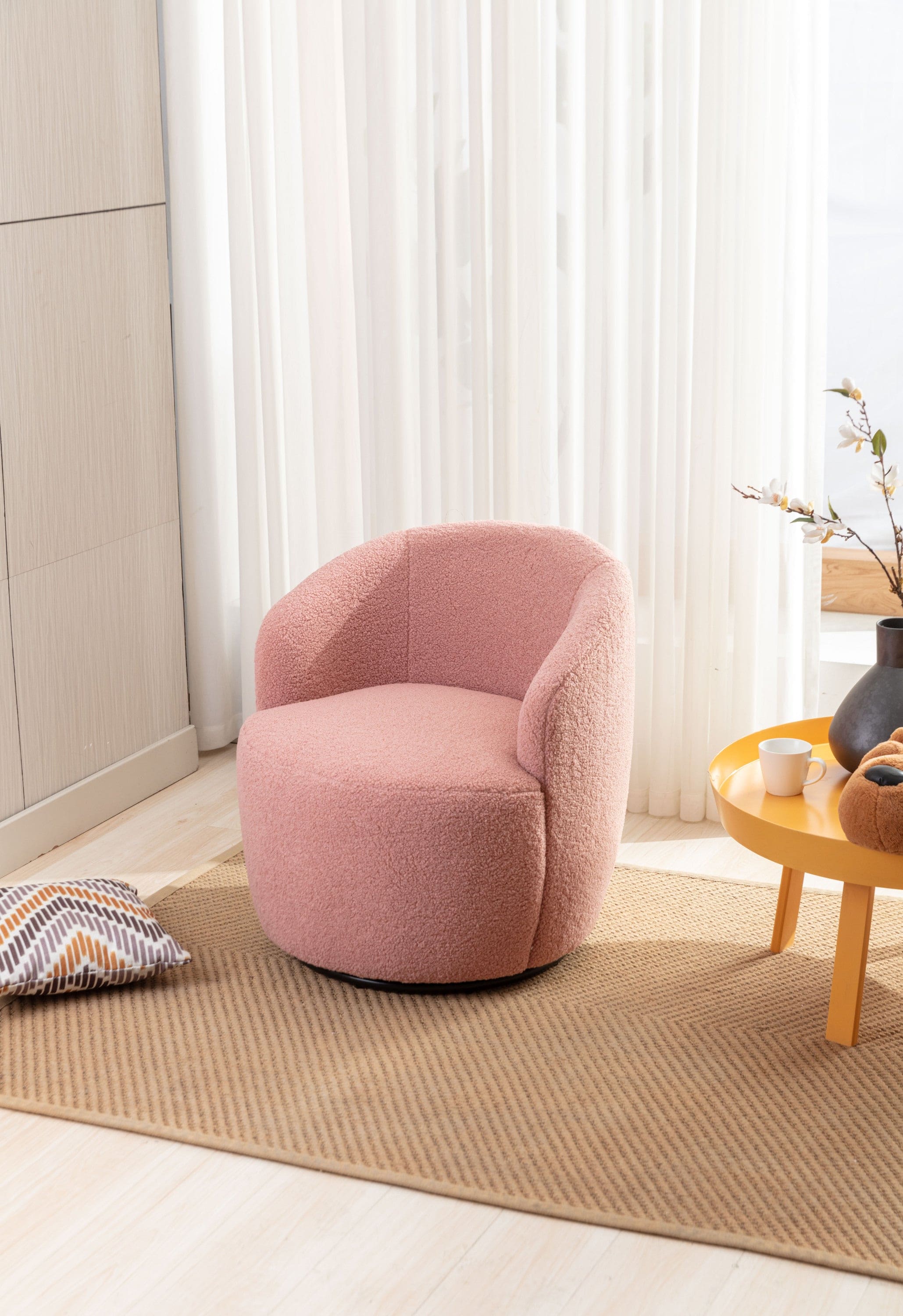 Teddy Fabric Swivel Accent Armchair Barrel Chair With Black Powder Coating Metal Ring,Light Pink