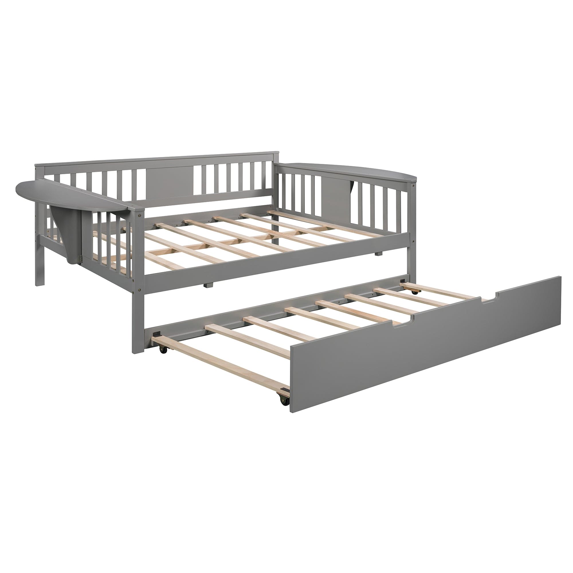 Full size Daybed with Twin size Trundle, Wood Slat Support, Gray