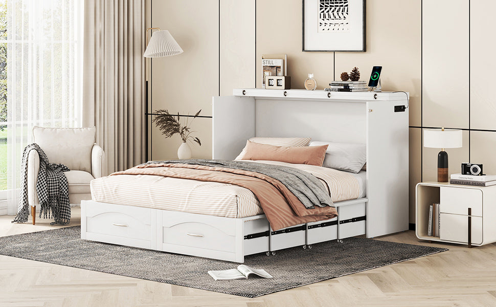 Queen Size Murphy Bed Wall Bed with drawer and a set of Sockets & USB Ports, Pulley Structure Design, White