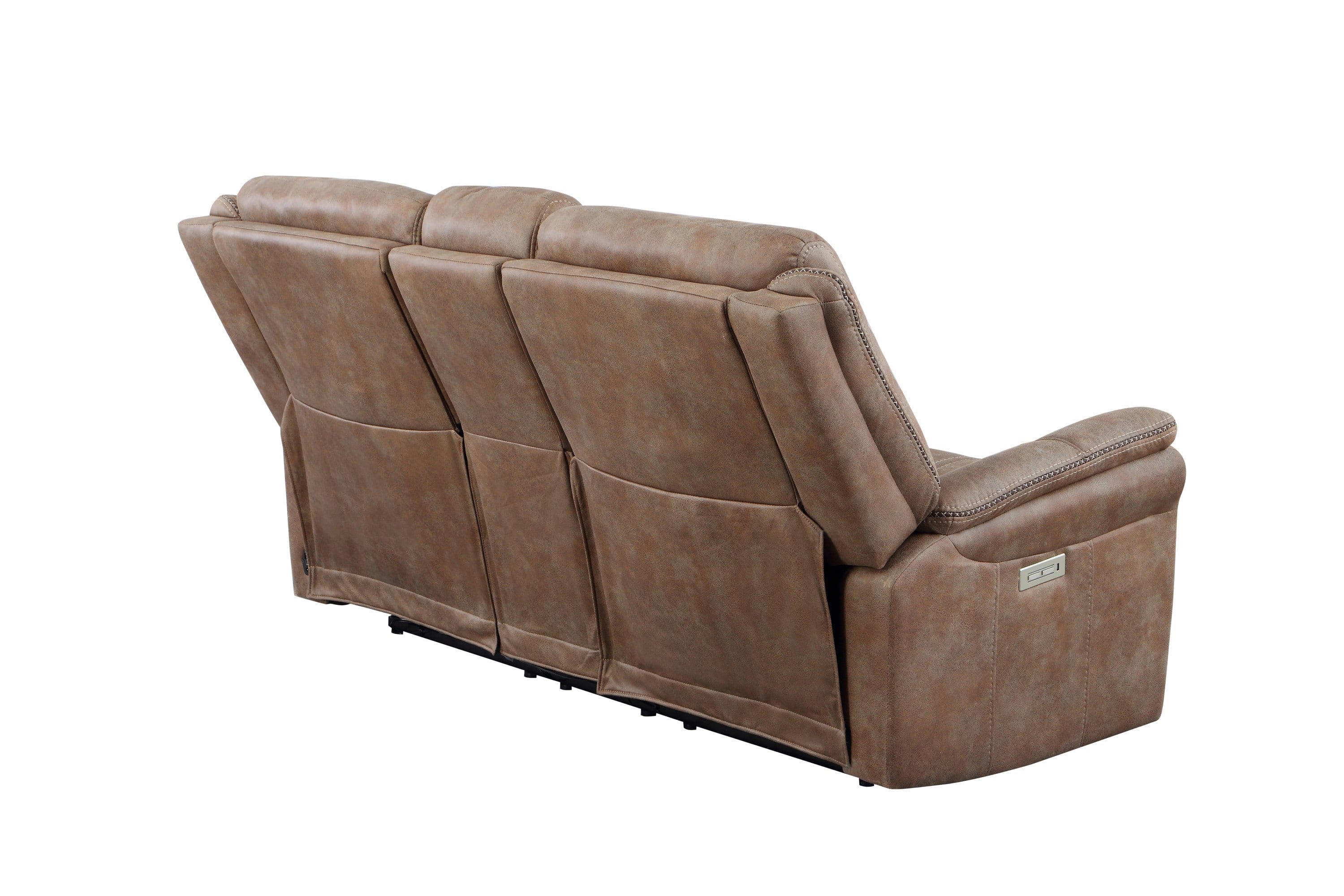 Transitional Console Loveseat - Warm Camel Faux-Suede, Power Footrest, Power Headrest - Concealed Cupholders, Built-In Console