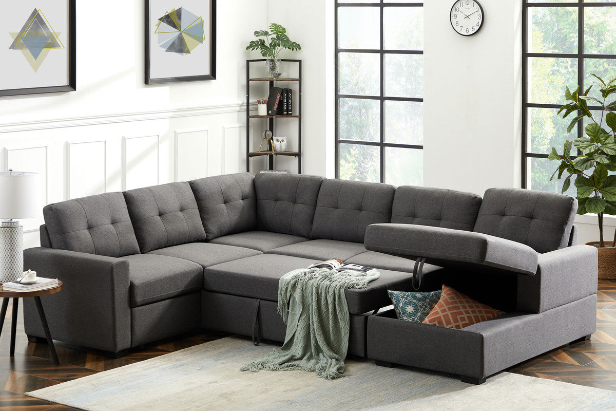 Selene Dark Gray Linen Fabric Sleeper Sectional Sofa with Storage Chaise