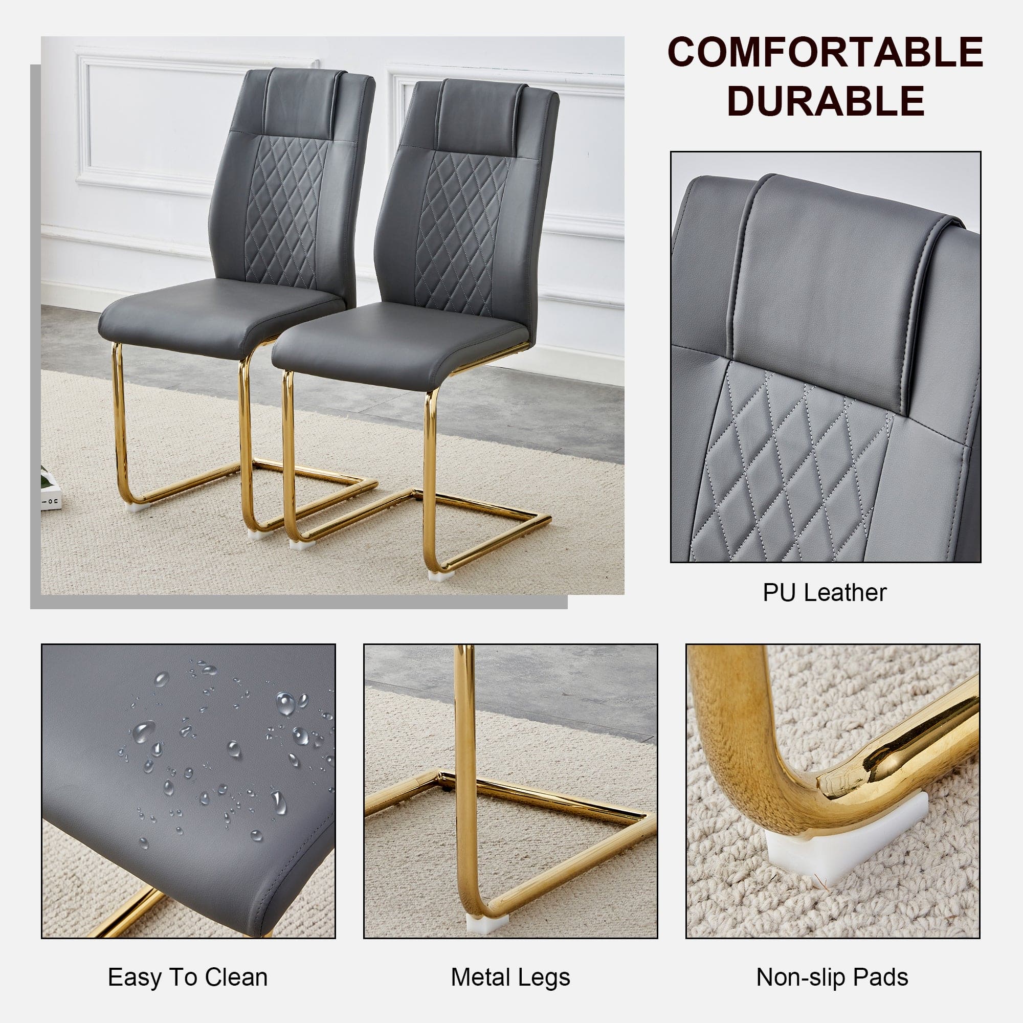 Modern dining chairs, restaurant chairs, and gold legged upholstered chairs made of artificial leather, suitable for kitchens, living rooms, bedrooms, and offices. Set of 4 pieces (gray+PU )C-001