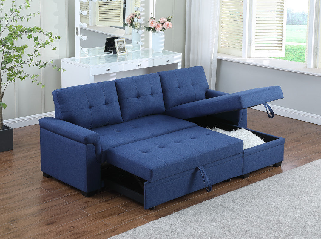 Lucca Blue Linen Reversible Sleeper Sectional Sofa with Storage Chaise