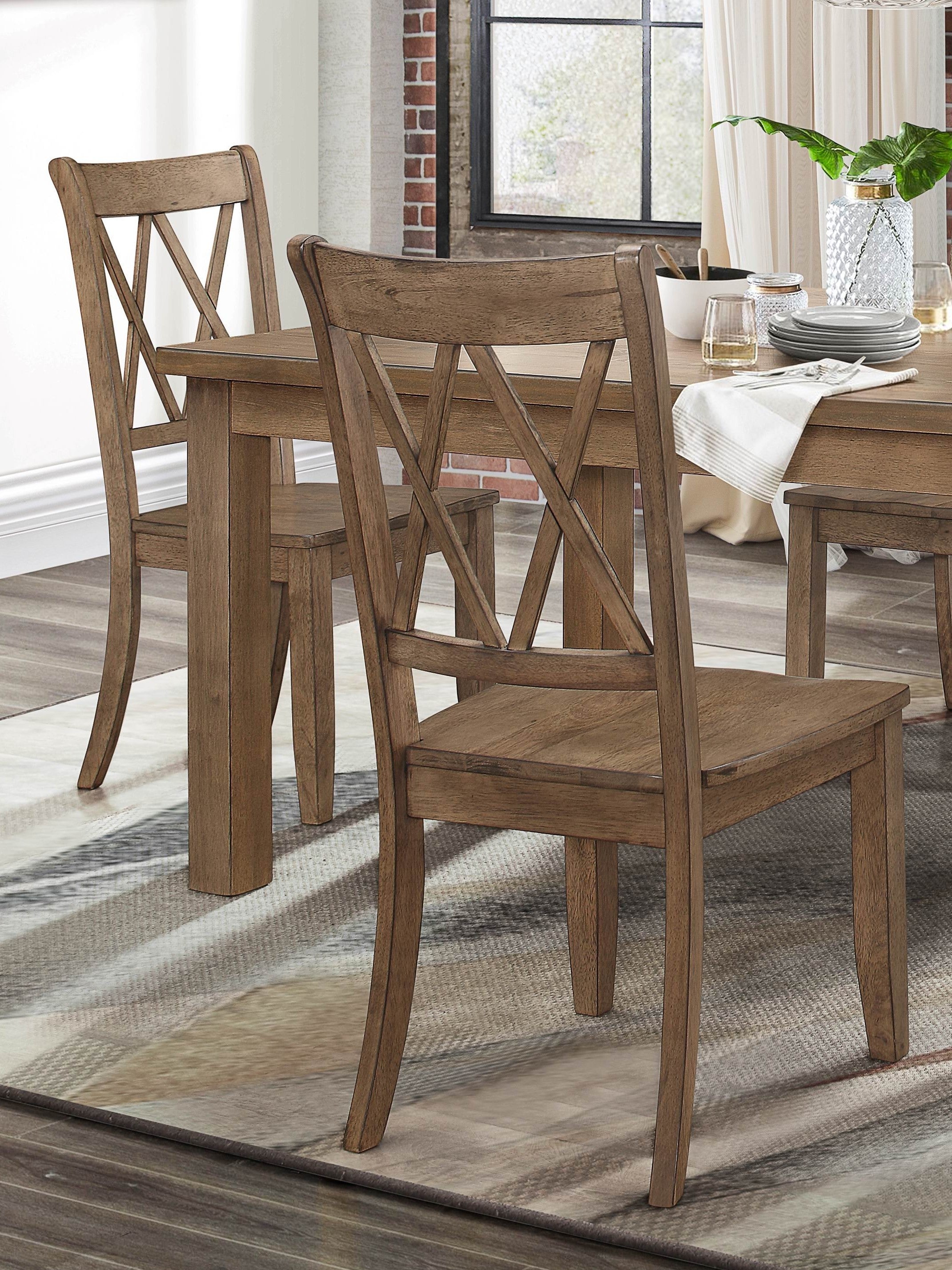 Casual Brown Finish Side Chairs Set of 2 Pine Veneer Transitional Double-X Back Design Dining Room Furniture