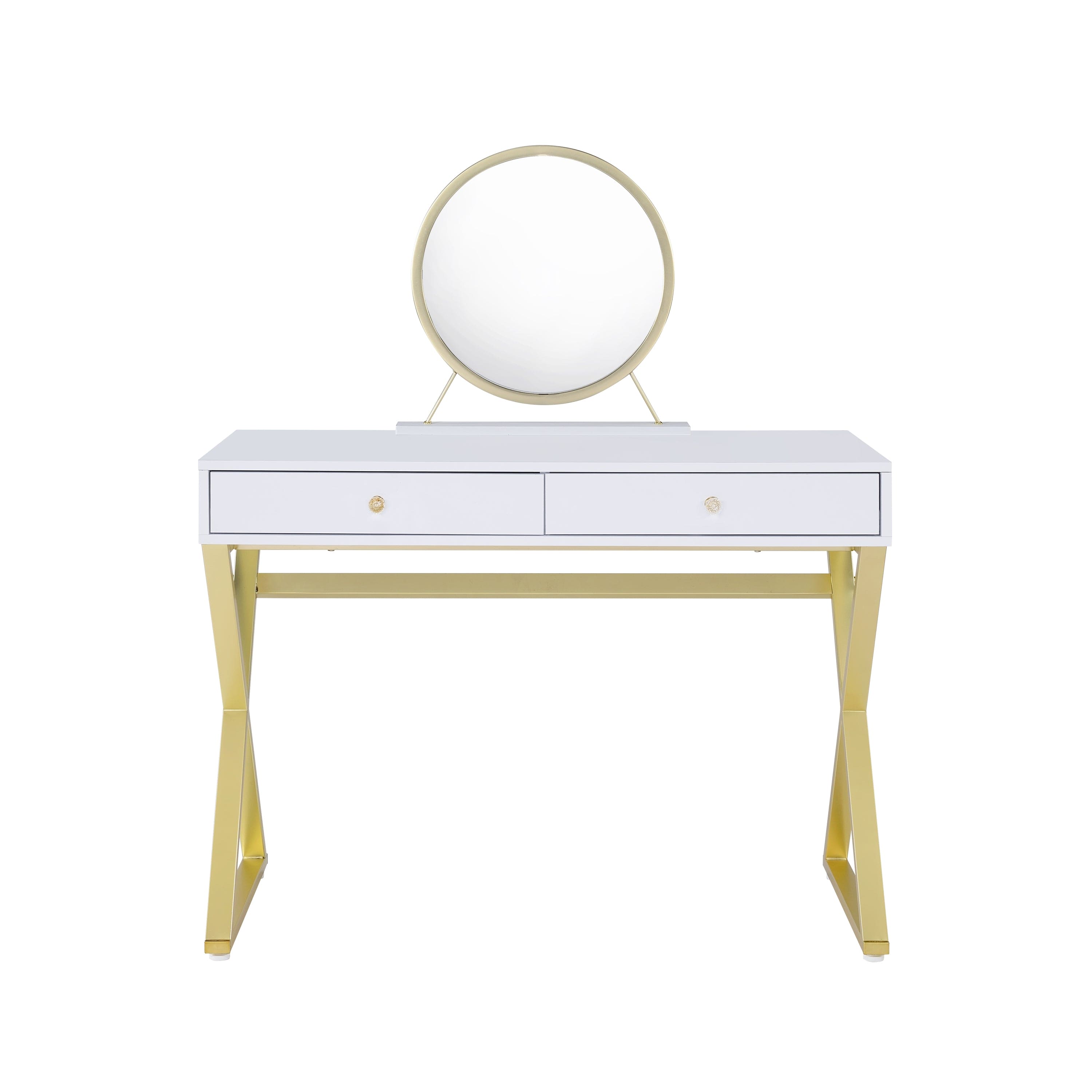 ACME Coleen Vanity Desk w/Mirror & Jewelry Tray in White & Gold Finish AC00667