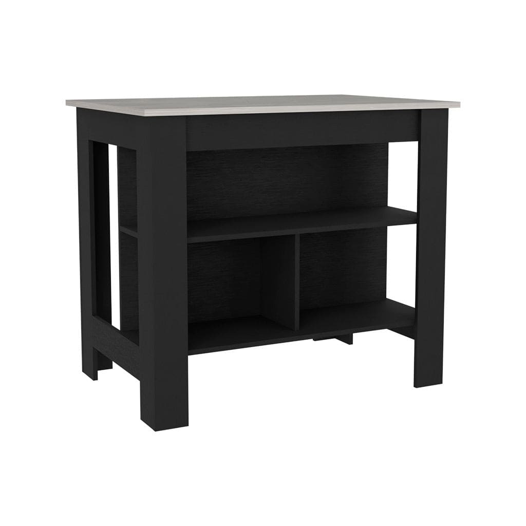 Kitchen Island Dozza, Three Shelves, Black Wengue / Ibiza Marble Finish