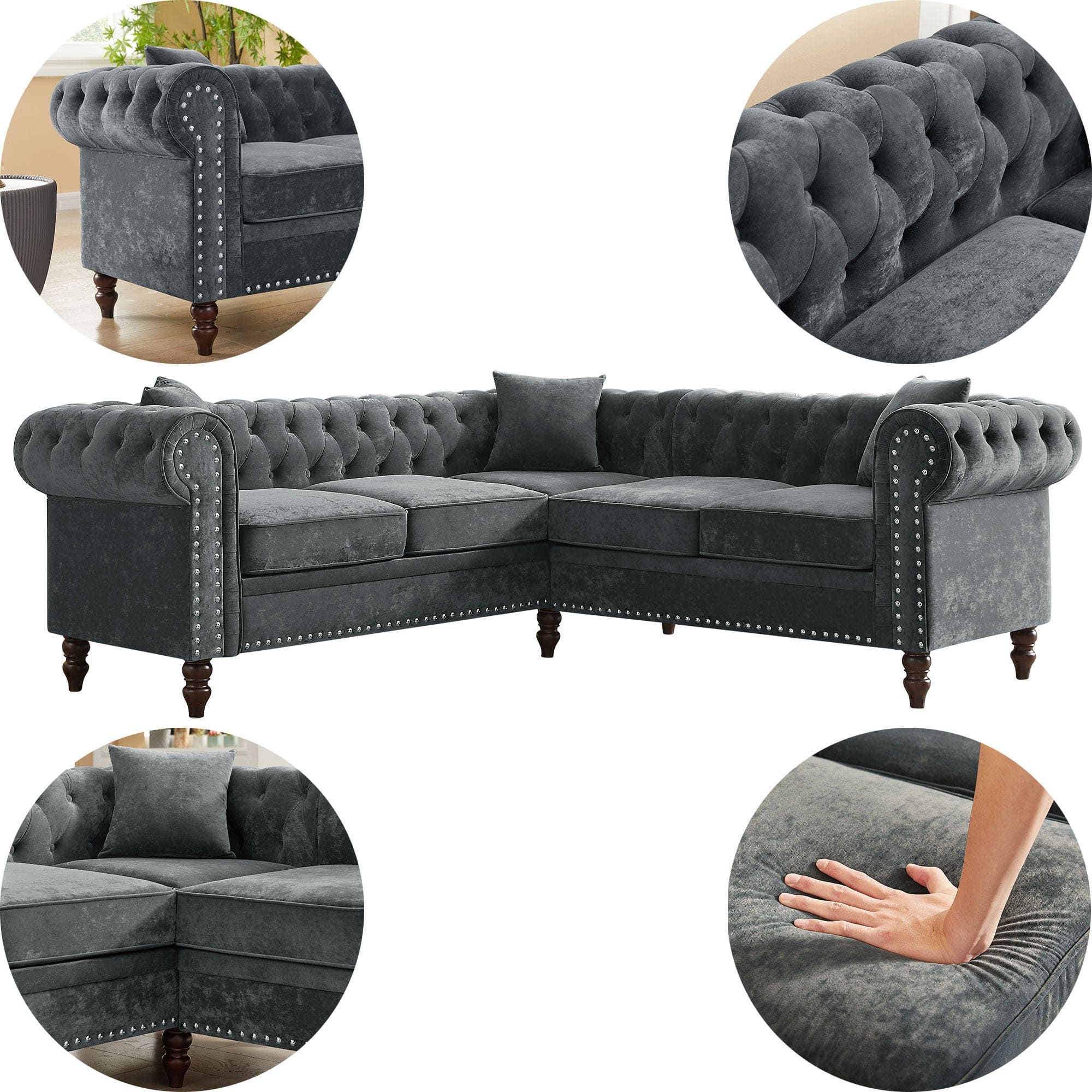 MH 80" Deep Button Tufted Upholstered Roll Arm Luxury Classic Chesterfield L-shaped Sofa 3 Pillows Included, Solid Wood Gourd Legs, Grey velvet