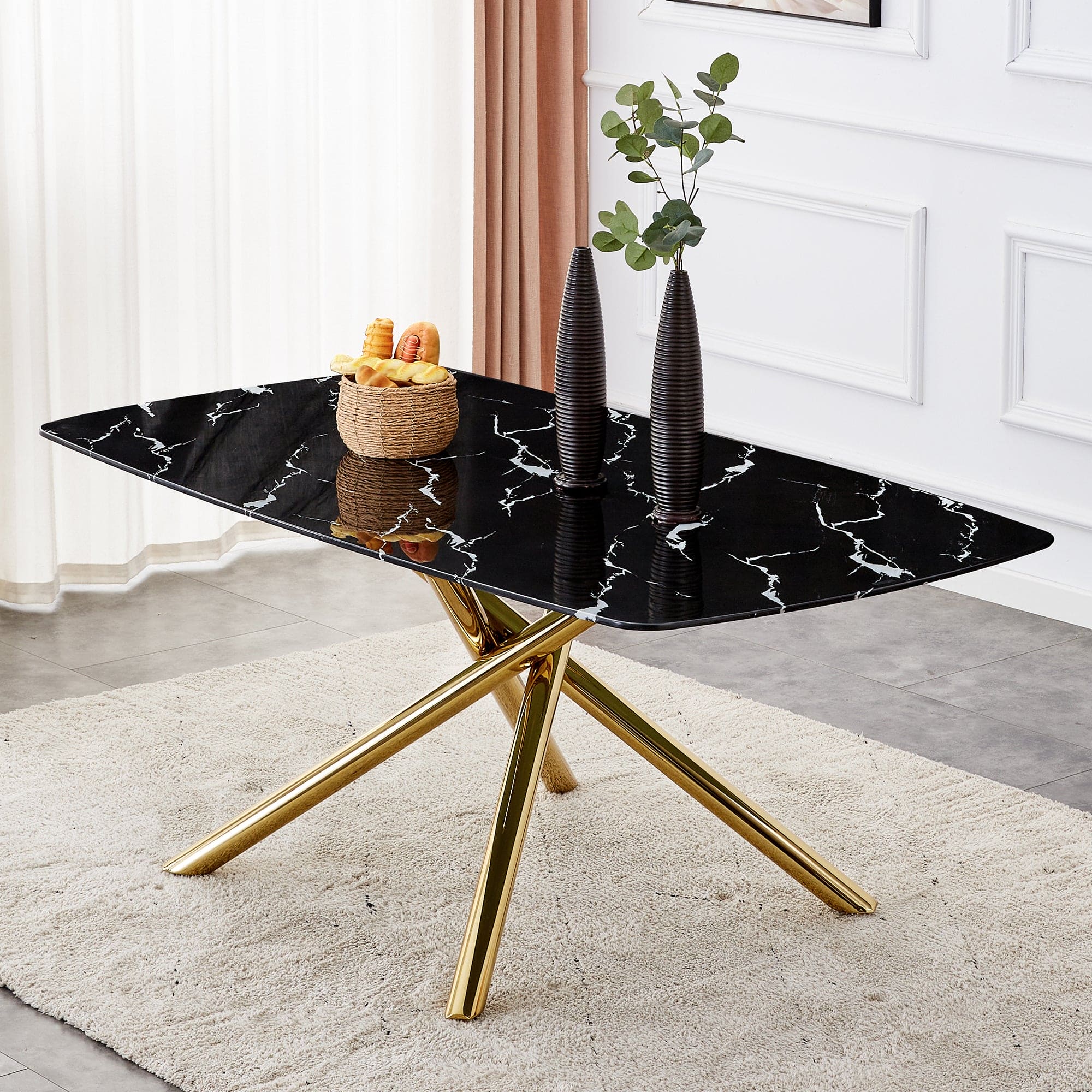 Large modern minimalist rectangular dining table with 0.39 "imitation marble black tabletop and golden metal legs, for Kitchen Dining Living Meeting Room Banquet hall 1537