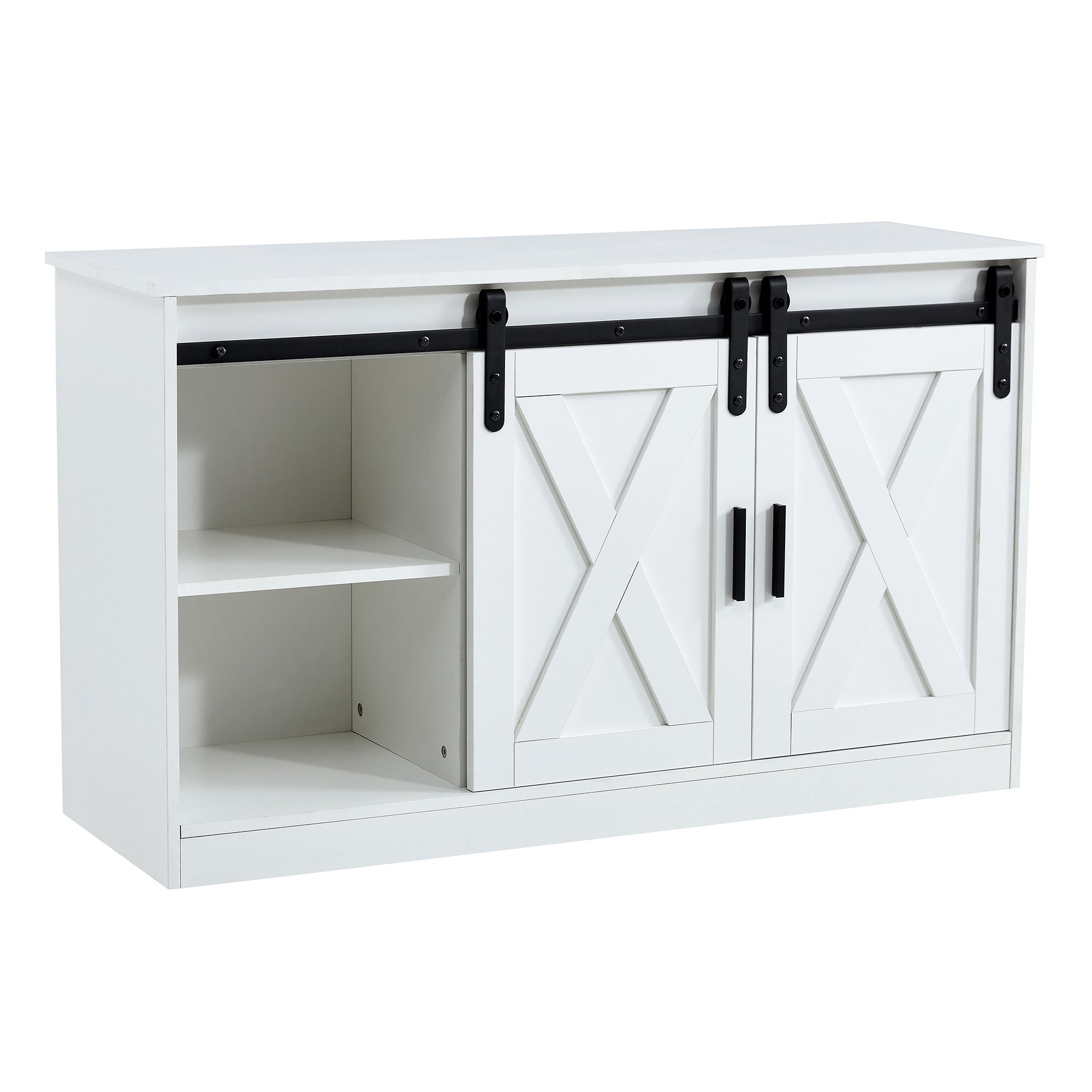 White decorative wooden TV / storage cabinet with two sliding barn doors, available for bedroom, living room, corridor.