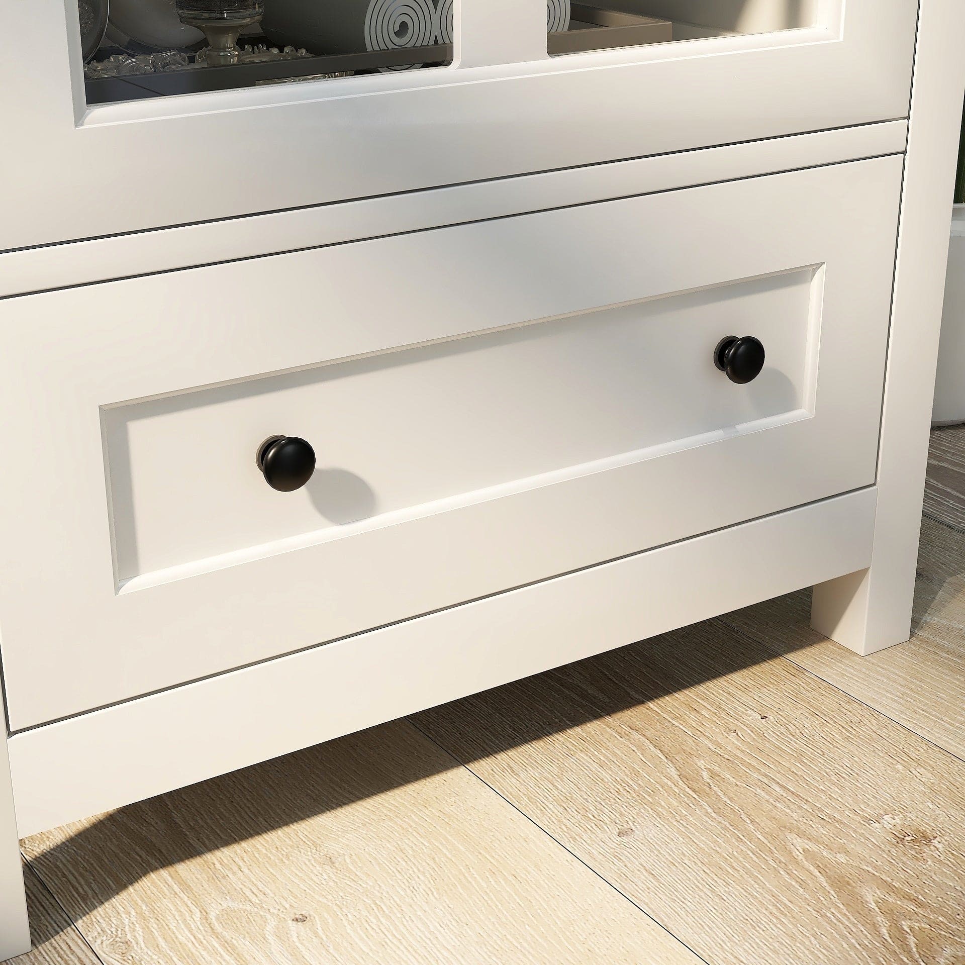 Buffet storage cabinet with single glass doors and unique bell handle