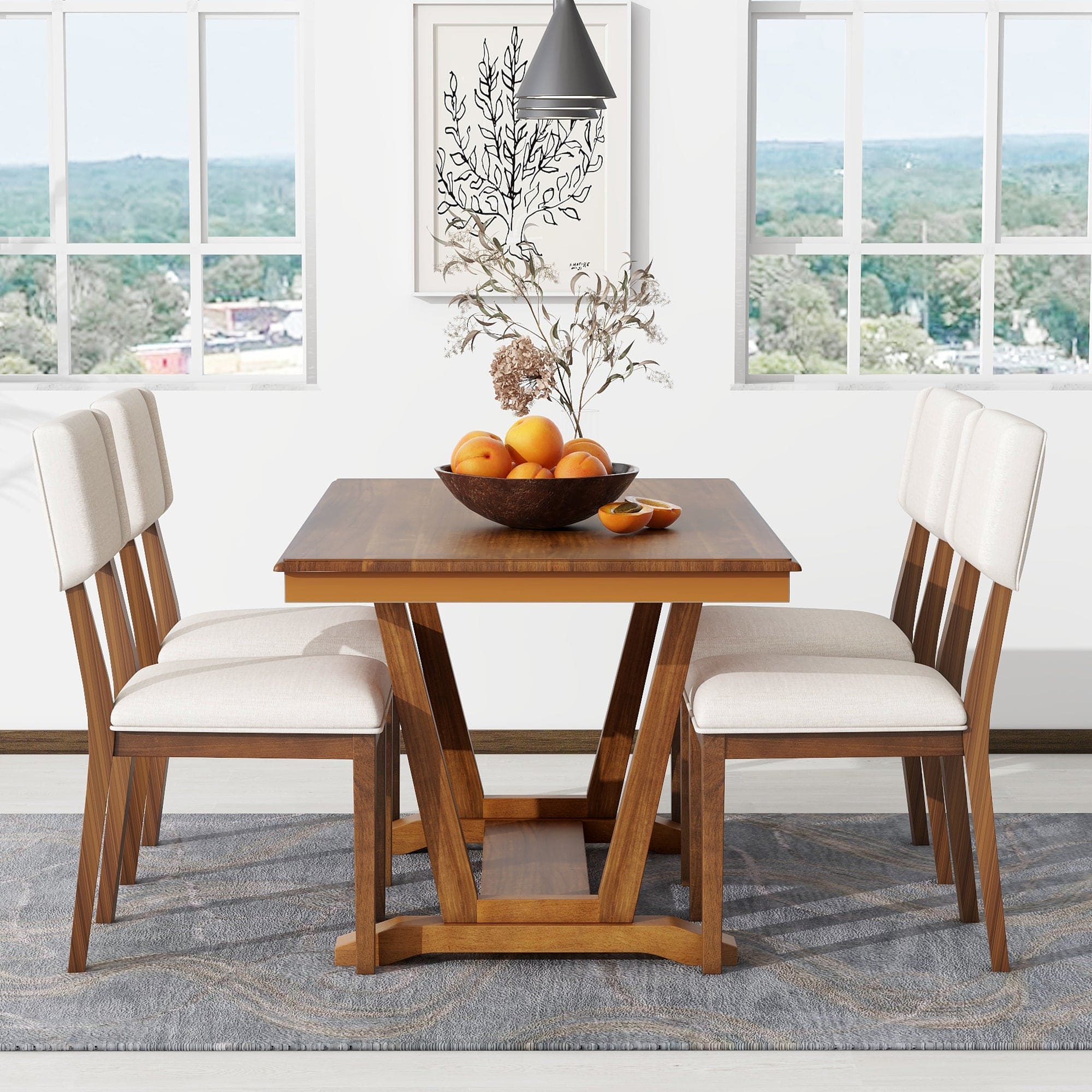 TOPMAX Rustic 5-piece Dining Table Set with 4 Upholstered Chairs, 59-inch Rectangular Dining Table with Trestle Table Base, Walnut